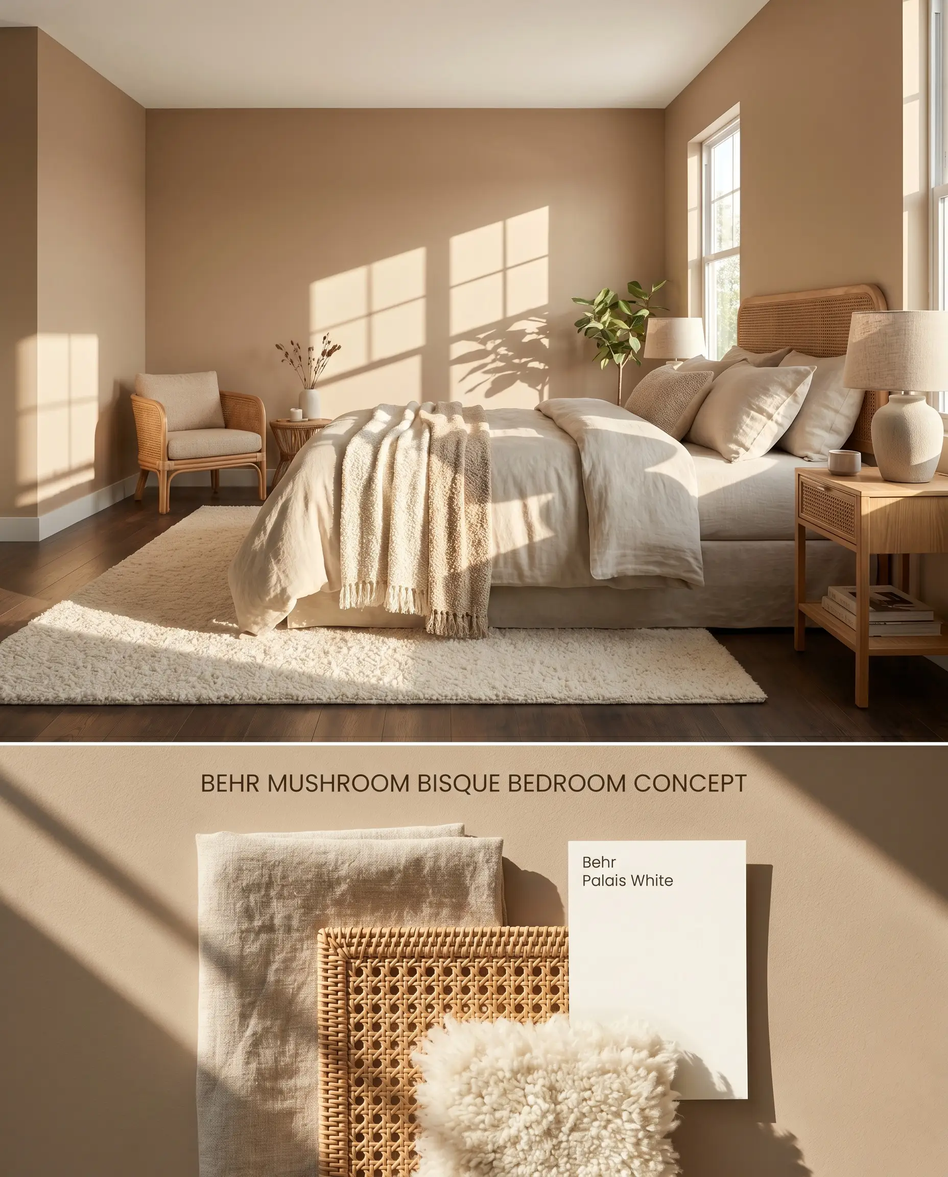 A split digital conceptual board depicting a warm beige primary bedroom styled with oatmeal linen and natural rattan on top, and a textured flat-lay with fabric swatches and contrasting trim samples below.