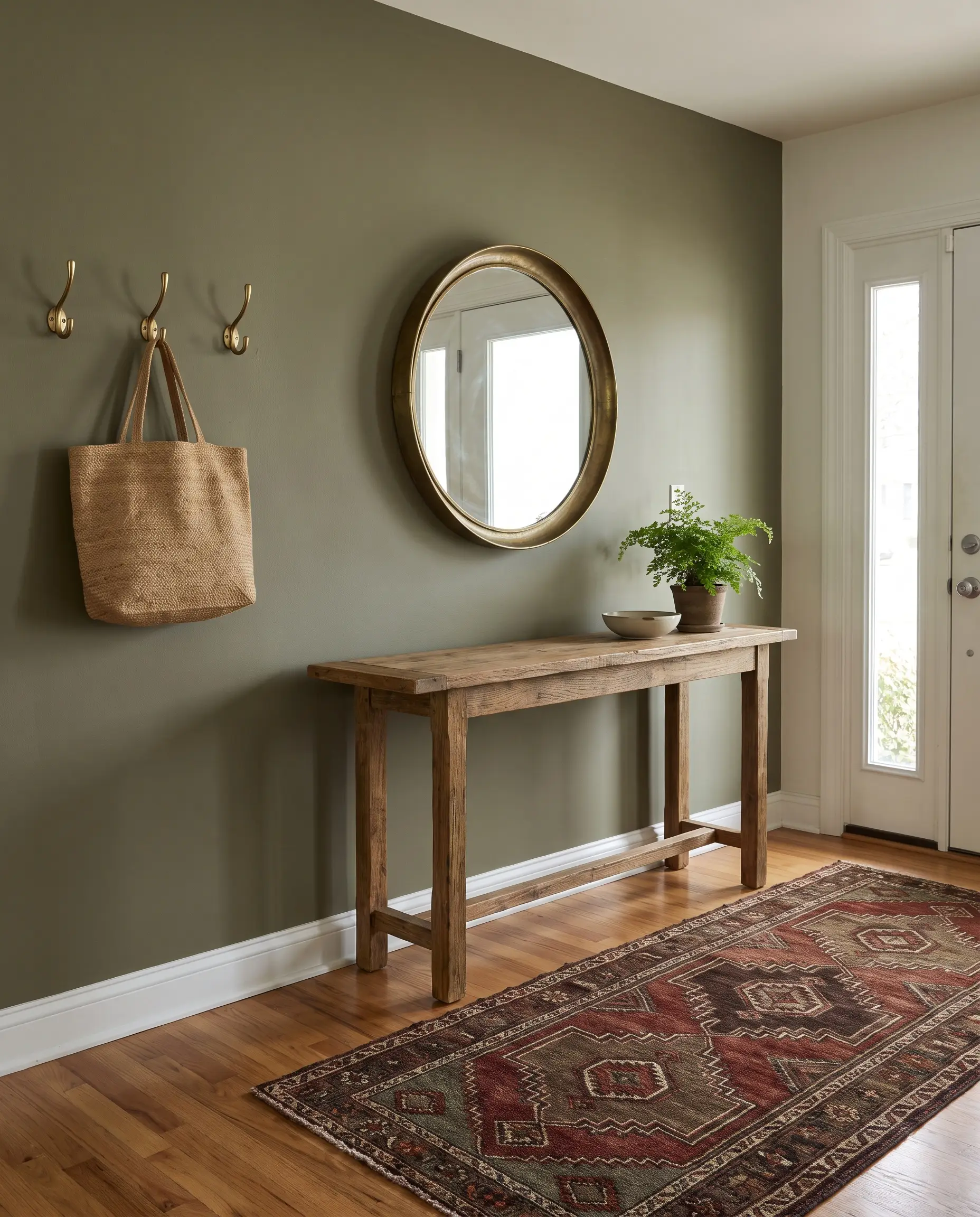 A tate olive painted entryway drop zone features a rustic oak console table, a brass mirror, and brass wall hooks holding a woven tote.