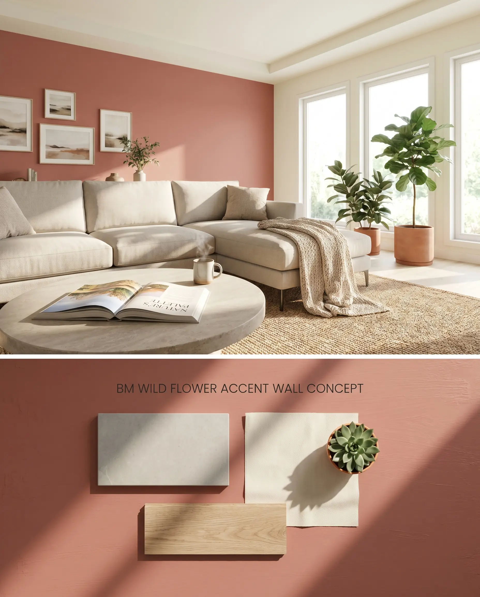 A split digital conceptual board for a family room accent wall painted in Wild Flower, showcasing a stone coffee table above a flat-lay of smooth stone and canvas.