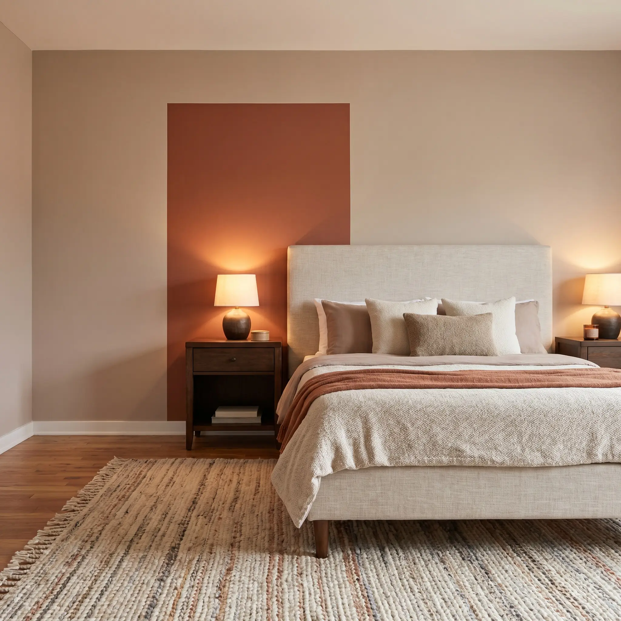 A vertical terracotta red painted block frames two standard nightstands and an upholstered headboard against a blush pink base wall.
