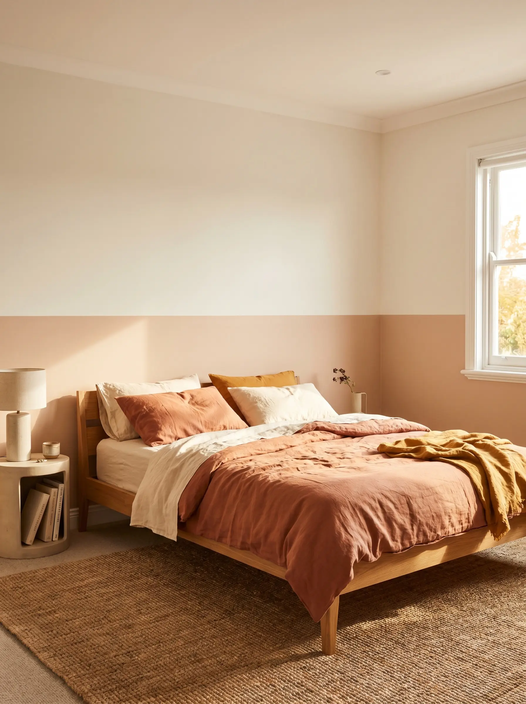 A timber bed frame with casual bedding sits against a warm terracotta lower wall that meets a soft oat upper wall alongside a rattan rug.