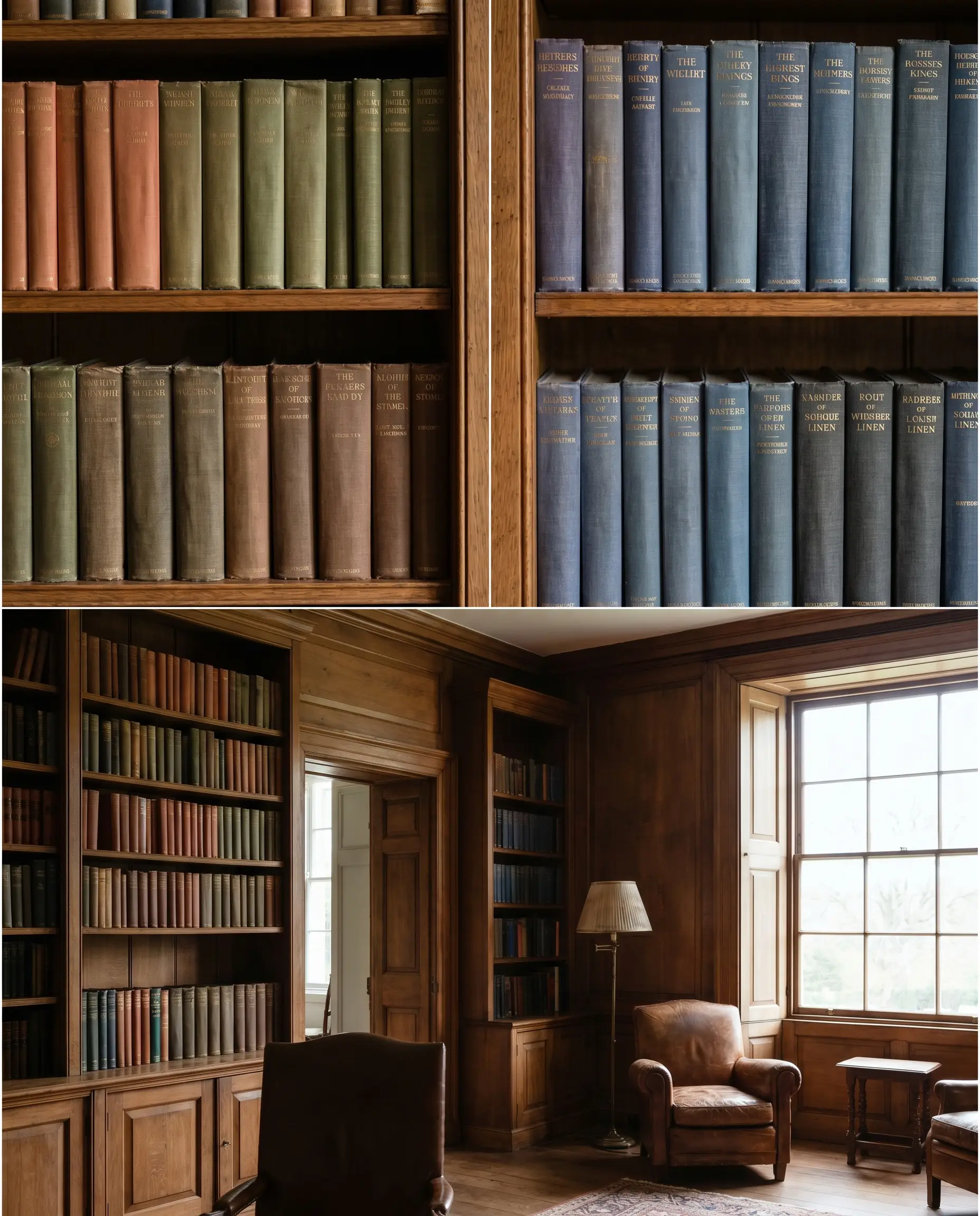 Books grouped by warm earth tones and cool blues display their muted, textured cloth bindings after being stripped of their high-gloss dust jackets.