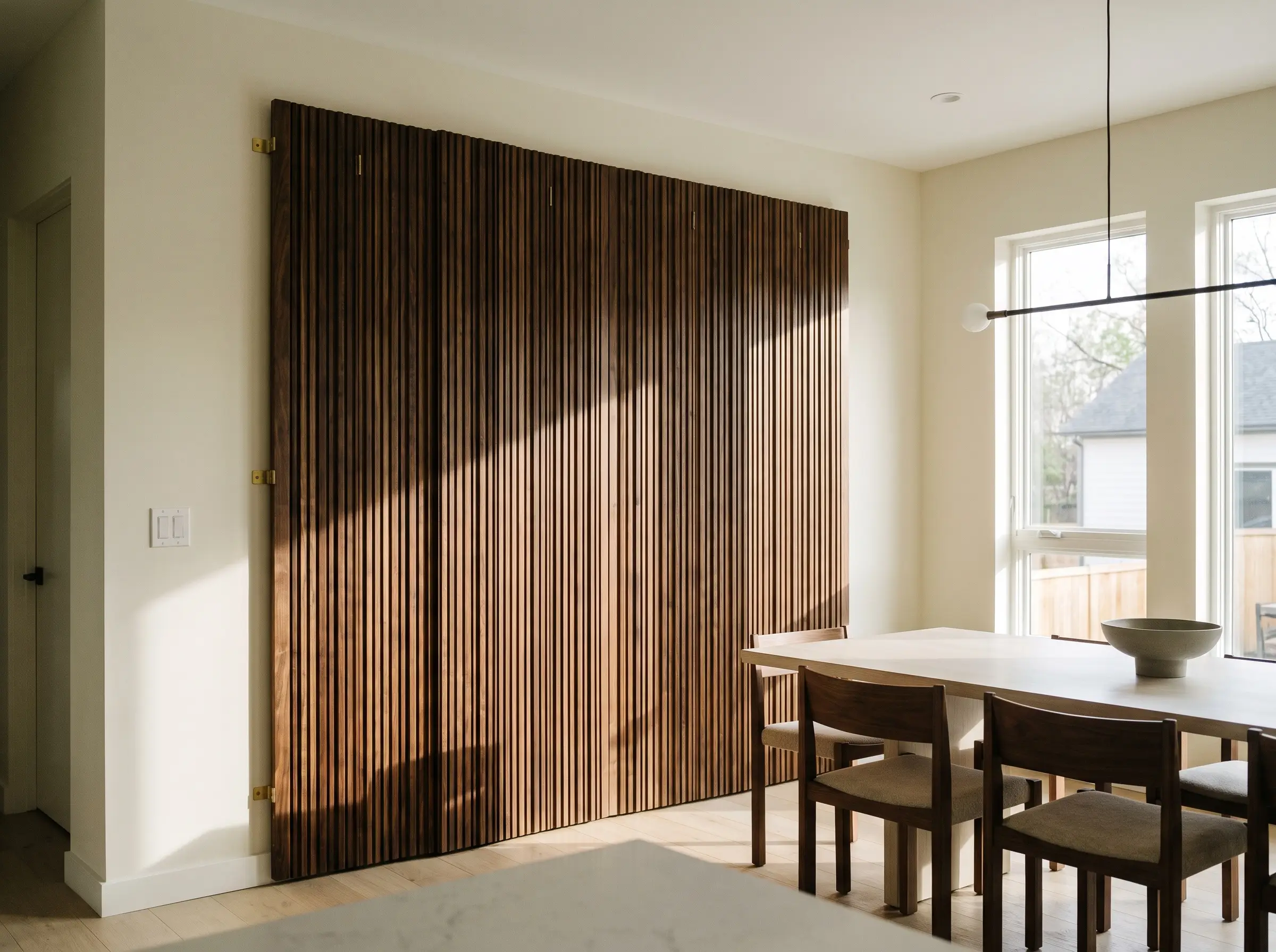 A highly textured slatted tambour wood room divider is pinned completely flat against Benjamin Moore Swiss Coffee walls, mimicking custom architectural millwork behind a contemporary dining table.