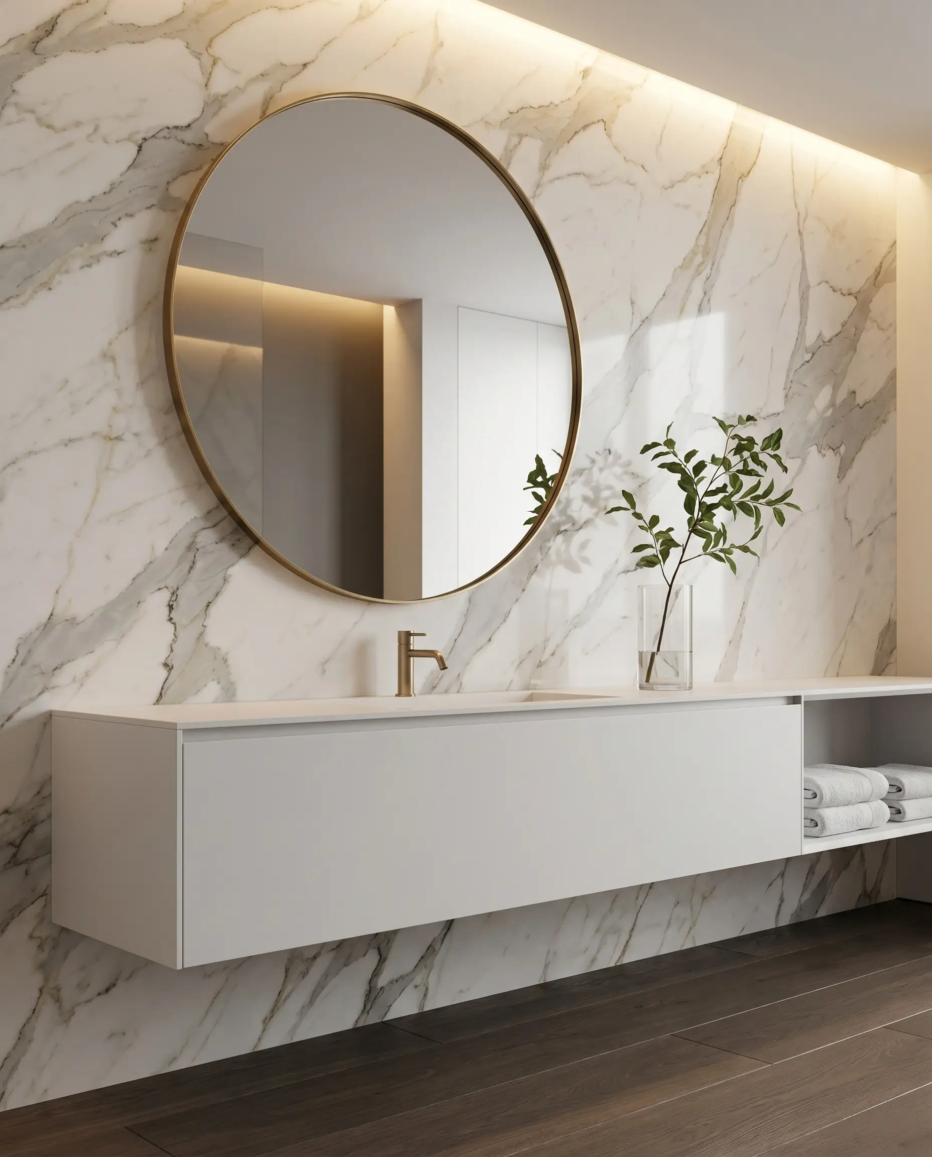 A razor-thin profile brass mirror is securely mounted over a continuous full-height Calacatta quartz slab wall behind a white floating vanity.