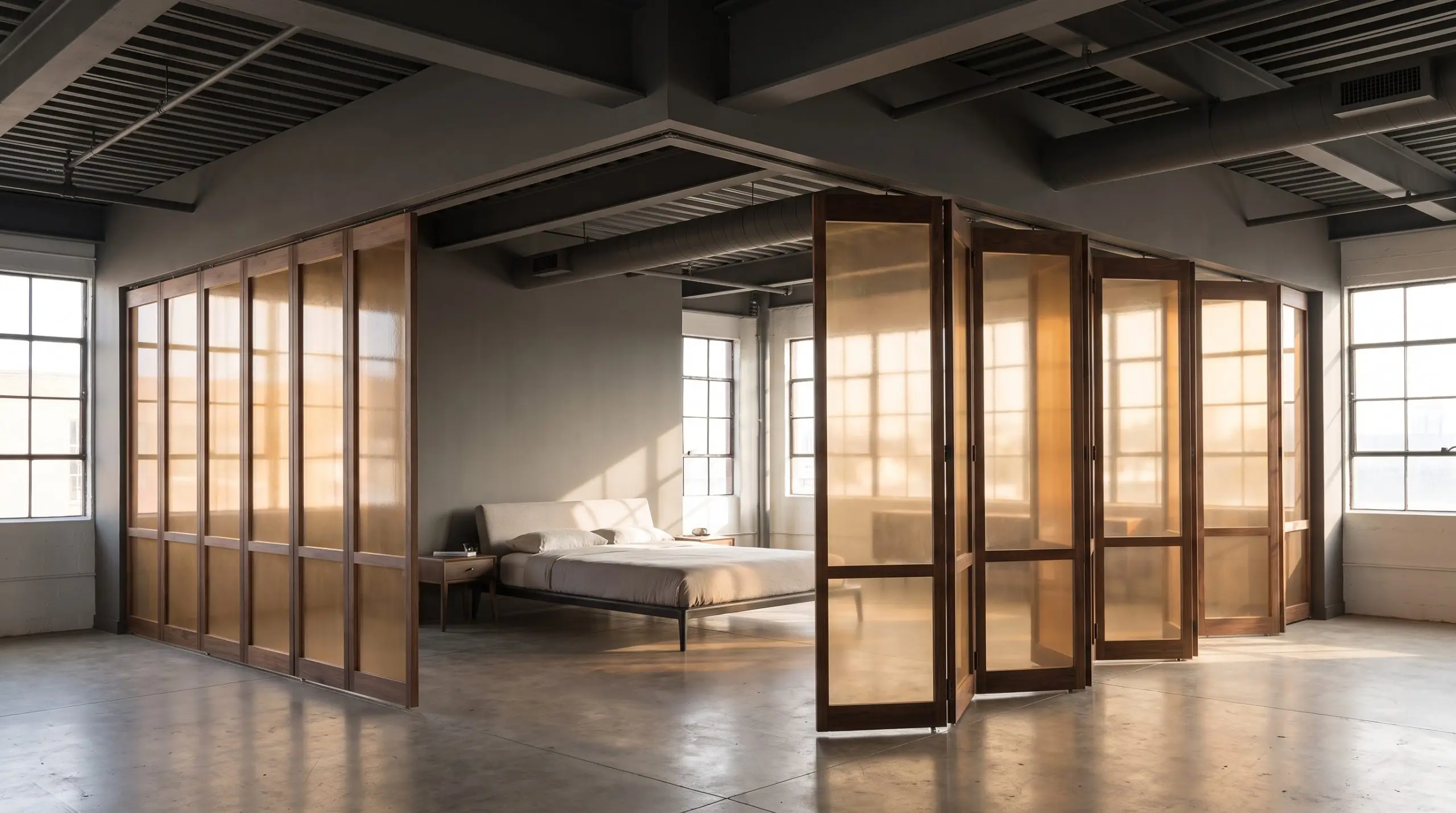 Suspended from Kendall Charcoal recessed ceiling tracks, engineered wood and translucent resin panels slide shut across a modern loft room to enclose a temporary guest space.