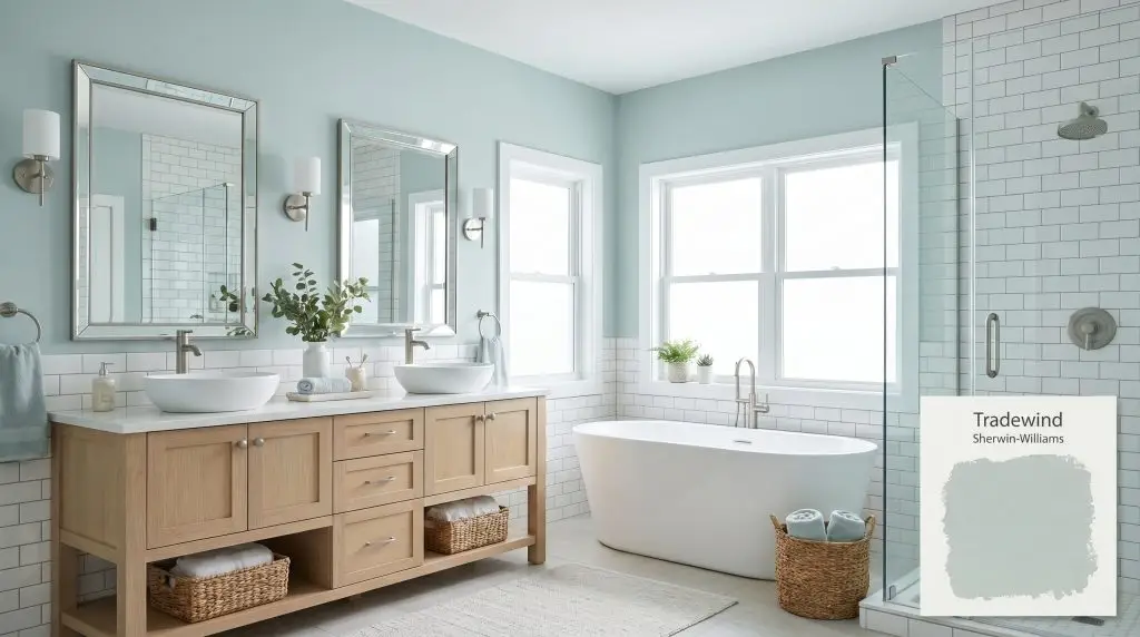 Bright cool daylight illuminates a freestanding tub, white subway tile, and a light wood vanity surrounded by Tradewind (Hex #C2CFCF) paint.