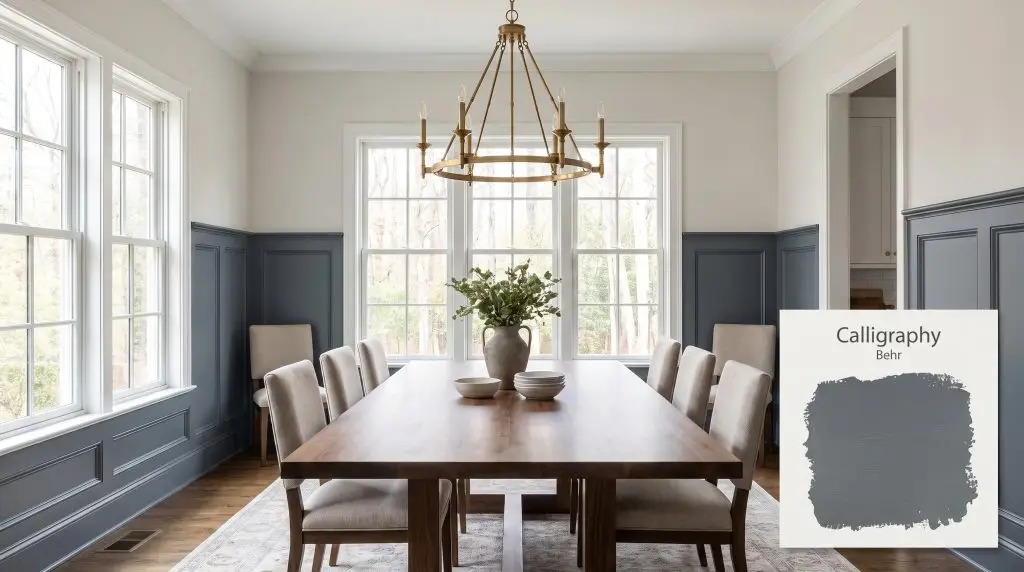 Natural light illuminates a natural walnut dining table, a brass chandelier, and classic wainscoting finished in Behr Calligraphy (Hex #59636a).