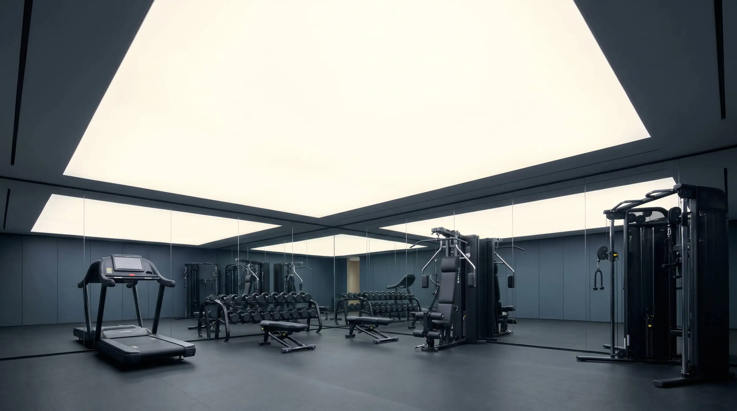 A massive faux-skylight created by translucent stretch fabric serves as a modern drop ceiling over a windowless residential home gym with sleek workout equipment.