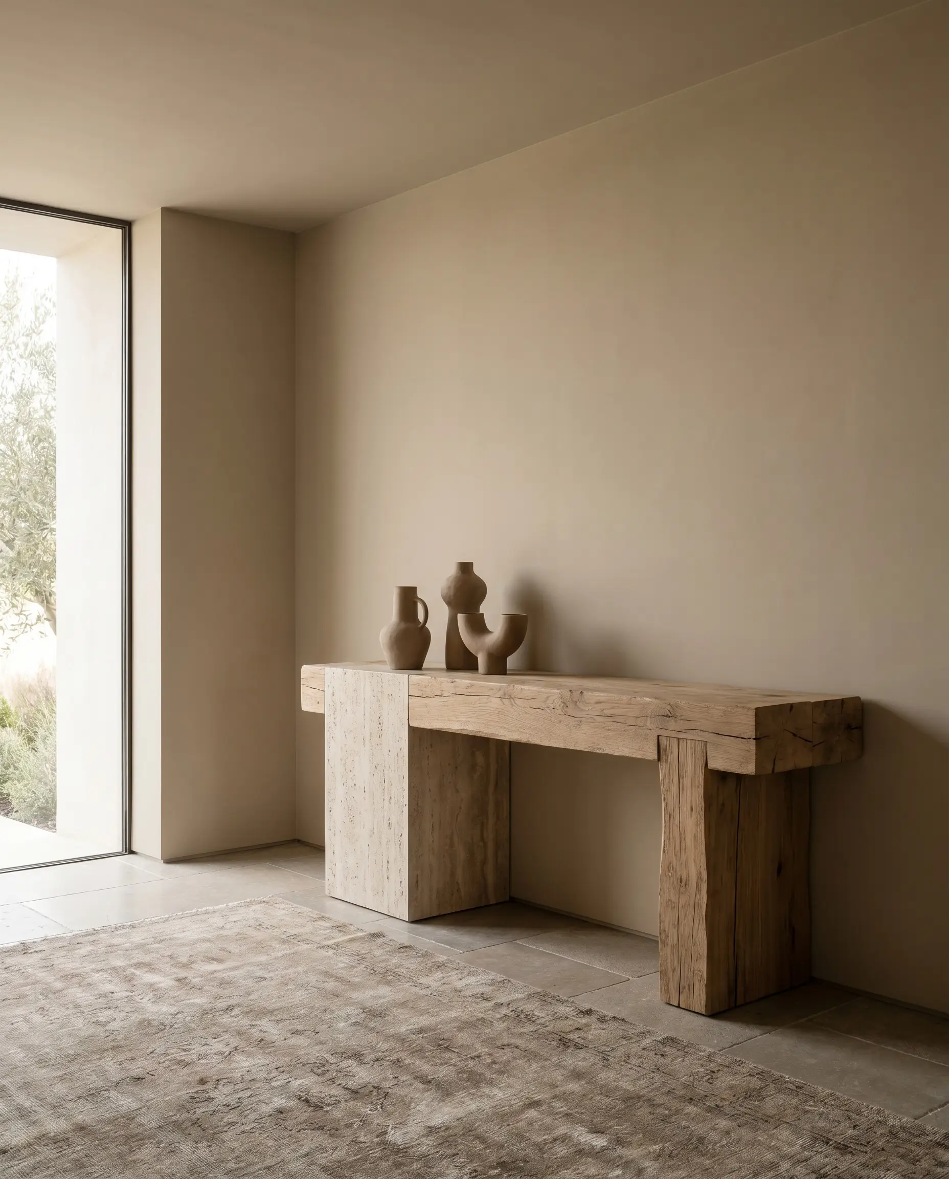 A heavy travertine and reclaimed oak entryway console displaying three sculptural ceramics against a Sherwin-Williams Shiitake painted wall, optimizing Feng Shui home decorating spatial flow.