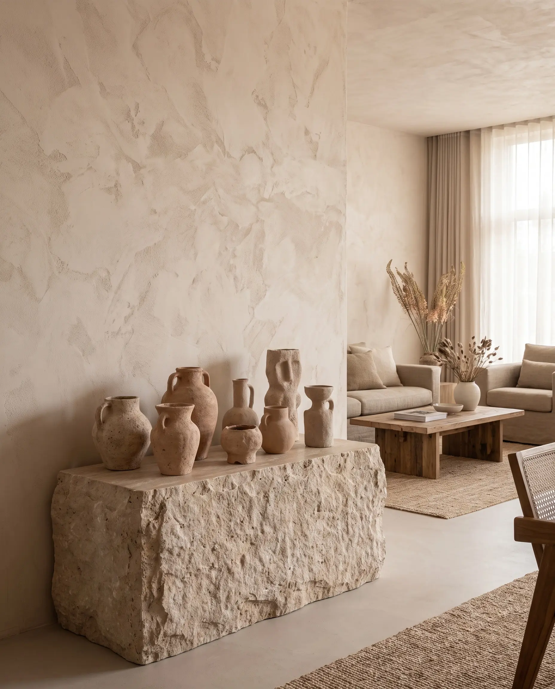 A monolithic travertine plinth displays raw unglazed ceramics against a heavily textured Portola Paints El Mirage Roman clay wall, serving as a highly tactile visual anchor.