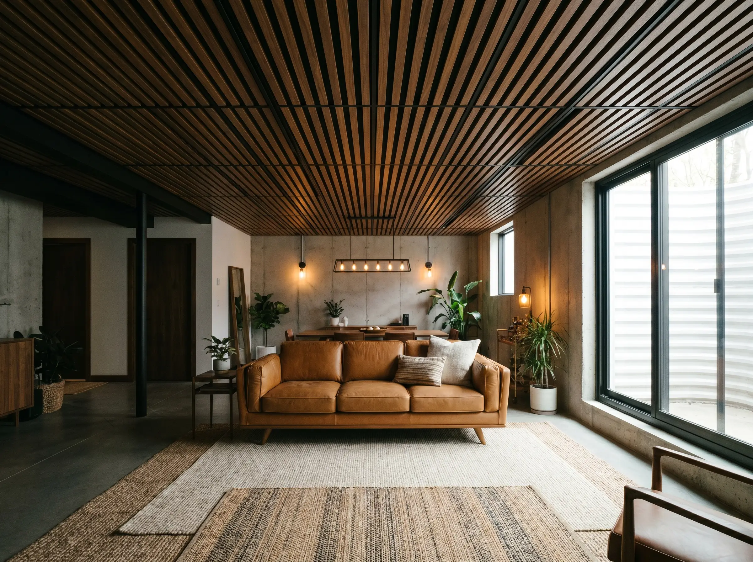 A modern drop ceiling contrasts a matte Tricorn Black grid against warm walnut veneer panels above an organic modern basement lounge with a leather sofa.