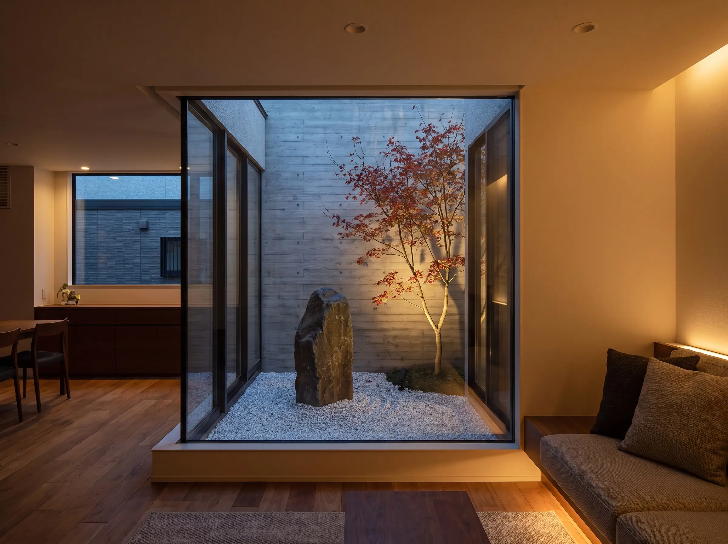 A tsubo-niwa viewing garden framed by a large interior glass window features an upright basalt boulder and a Japanese maple tree in pristine white gravel.
