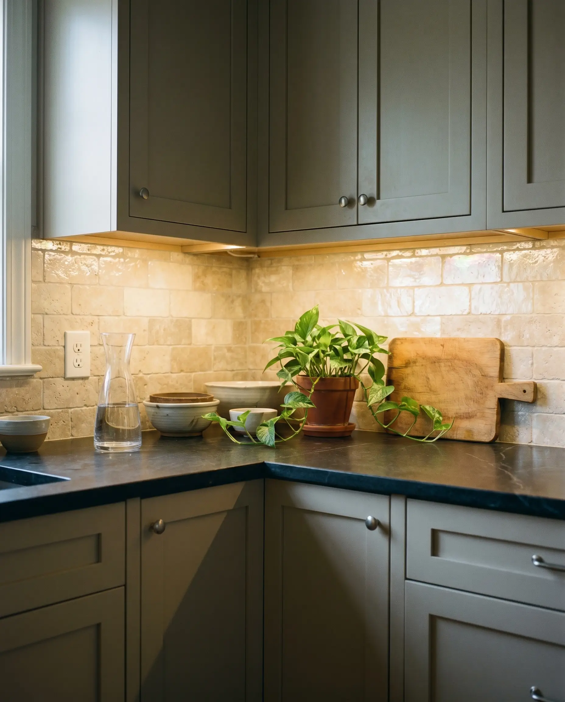 A light-reflecting tumbled travertine kitchen backsplash tile with a pearlescent glaze sits brightly above a dark, light-absorbing soapstone countertop and accessible luxury cabinetry.