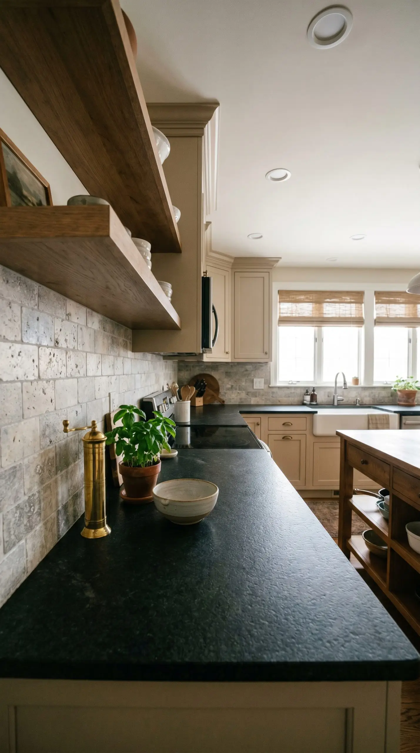 A 2x4-inch tumbled silver travertine mosaic bridges the gap between dark leathered granite countertops and classic traditional cabinetry painted in Sherwin-Williams Accessible Beige.