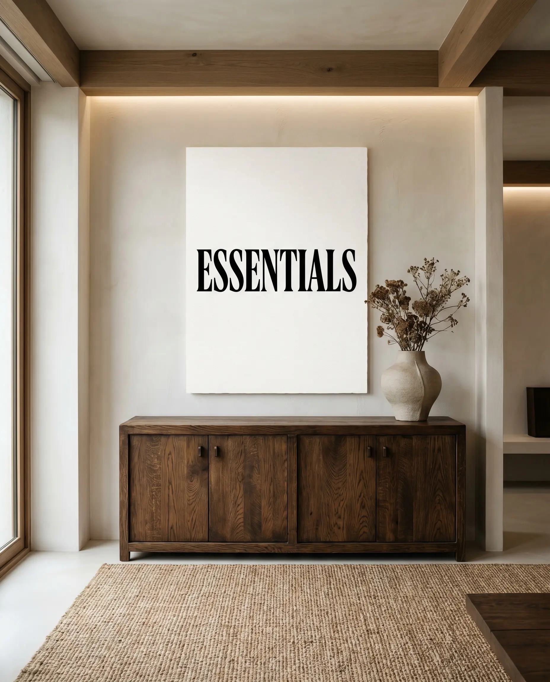 A sleek typographic art print featuring sharp serif font hangs centered above a heavy dark oak credenza in a minimalist Japandi living area.