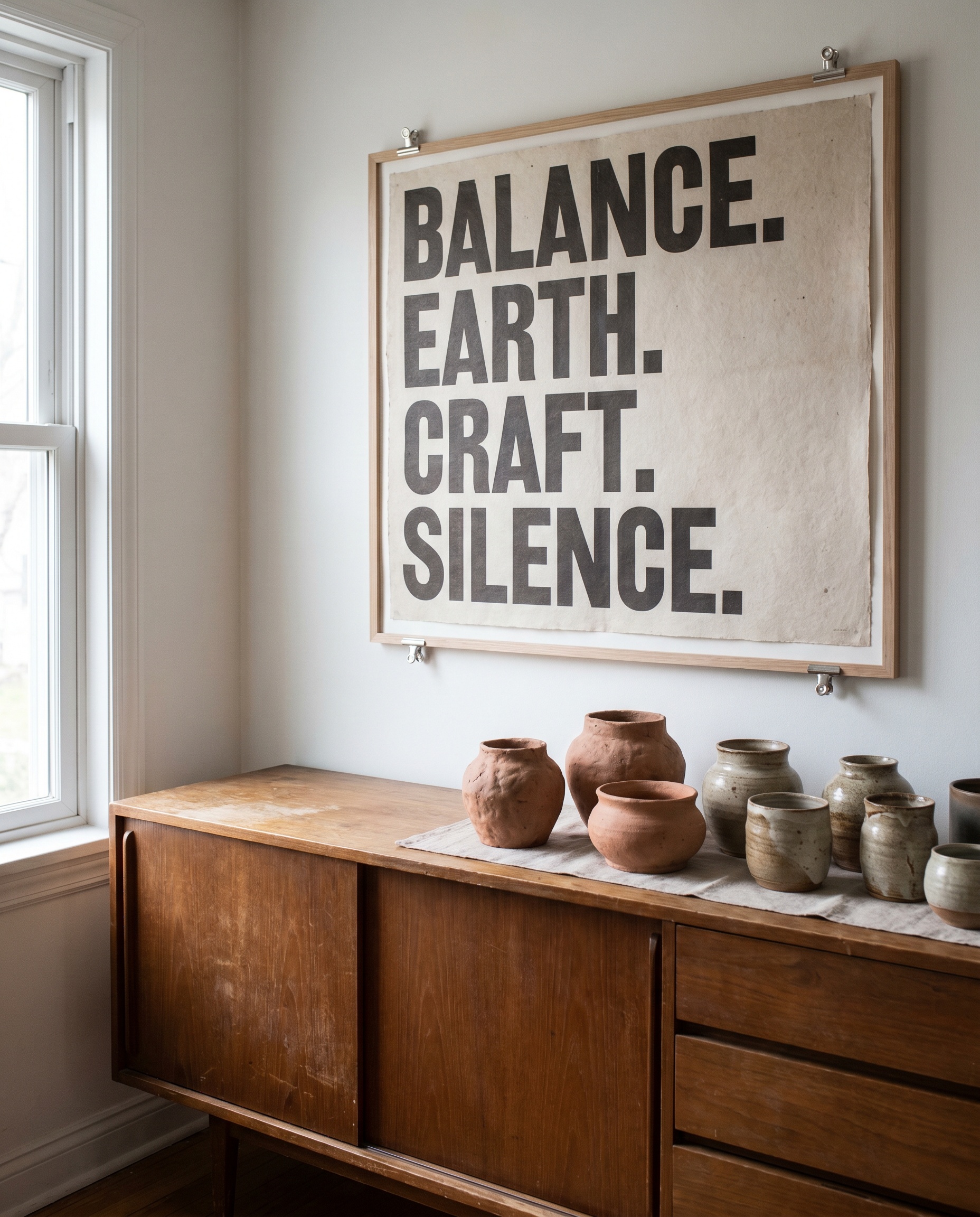 A rigid text-heavy typography poster hangs above a wooden credenza styled with wabi-sabi unglazed terracotta and hand-thrown stoneware ceramics.