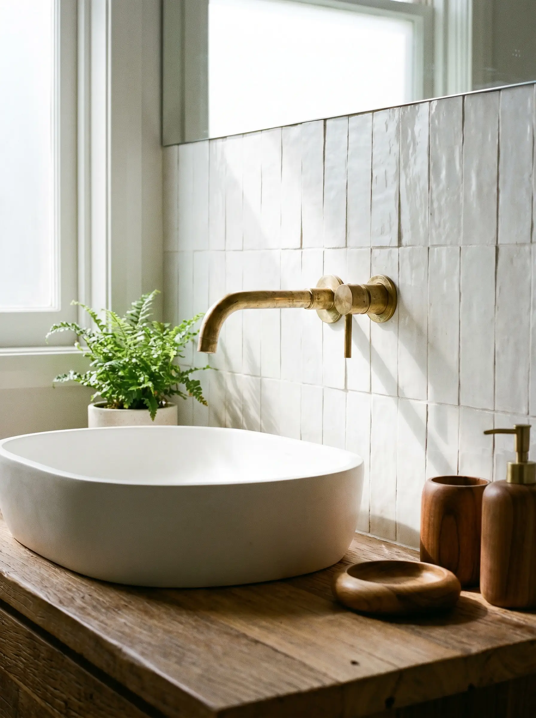 An unlacquered brass wall-mount faucet protrudes from a backsplash of handmade white Zellige tiles in a luxury white bathroom.
