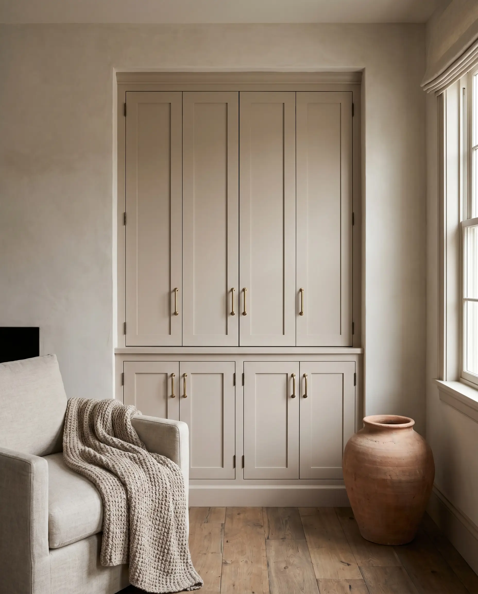 Solid unlacquered brass cabinet pulls and oxidized bronze hinges detail a mushroom-painted built-in cabinet positioned near a modern linen armchair and a raw terracotta vase.