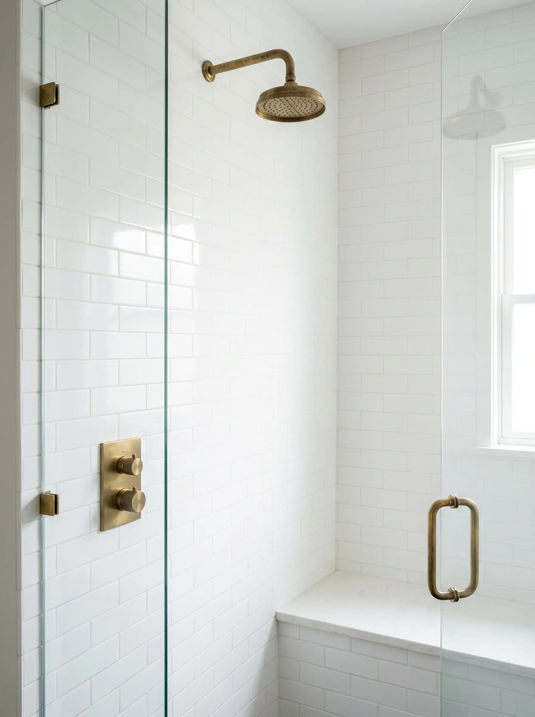 A classic unlacquered brass rainhead pairs with a sleek minimalist brass thermostatic trim plate mounted on a pristine white tiled shower wall.