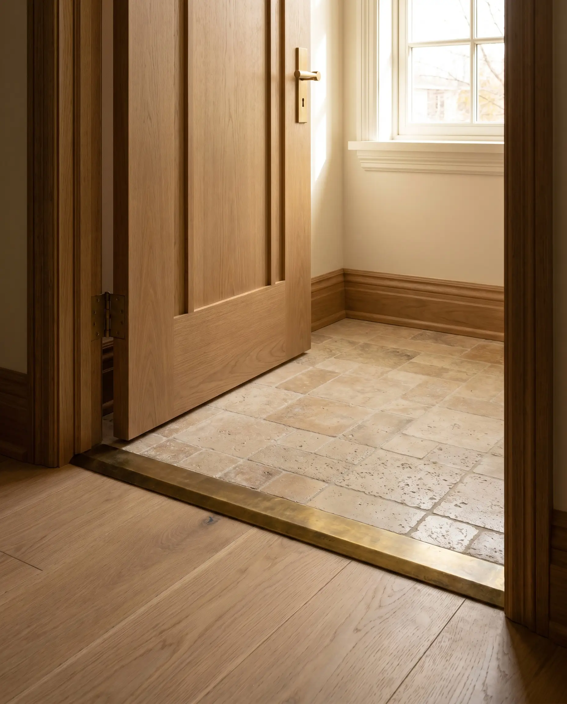 A solid unlacquered brass Schluter profile creates a warm metallic line between wide-plank white oak flooring and natural zellige tumbled travertine bathroom tiles.