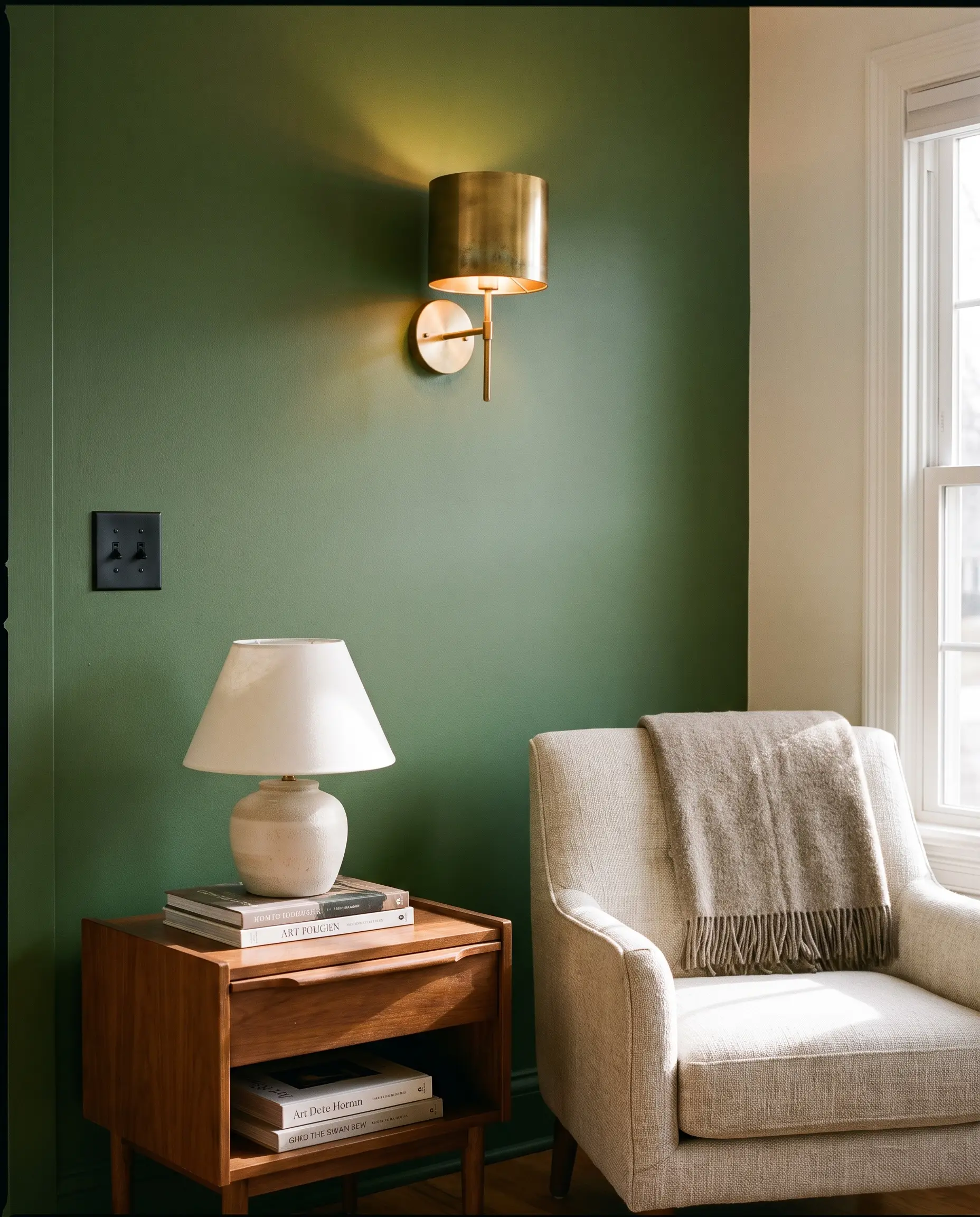 A solid unlacquered brass wall sconce and a matte black light switch plate are mounted on a rich green accent wall beside a linen armchair.