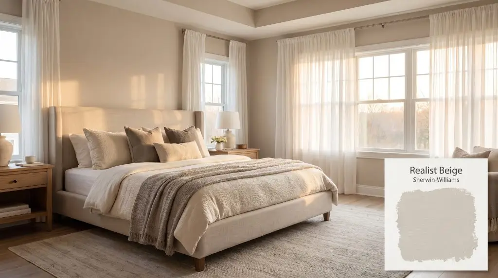 An upholstered linen bed and sheer white curtains are bathed in morning light against walls painted in Sherwin-Williams Realist Beige (Hex #D3C8BD).