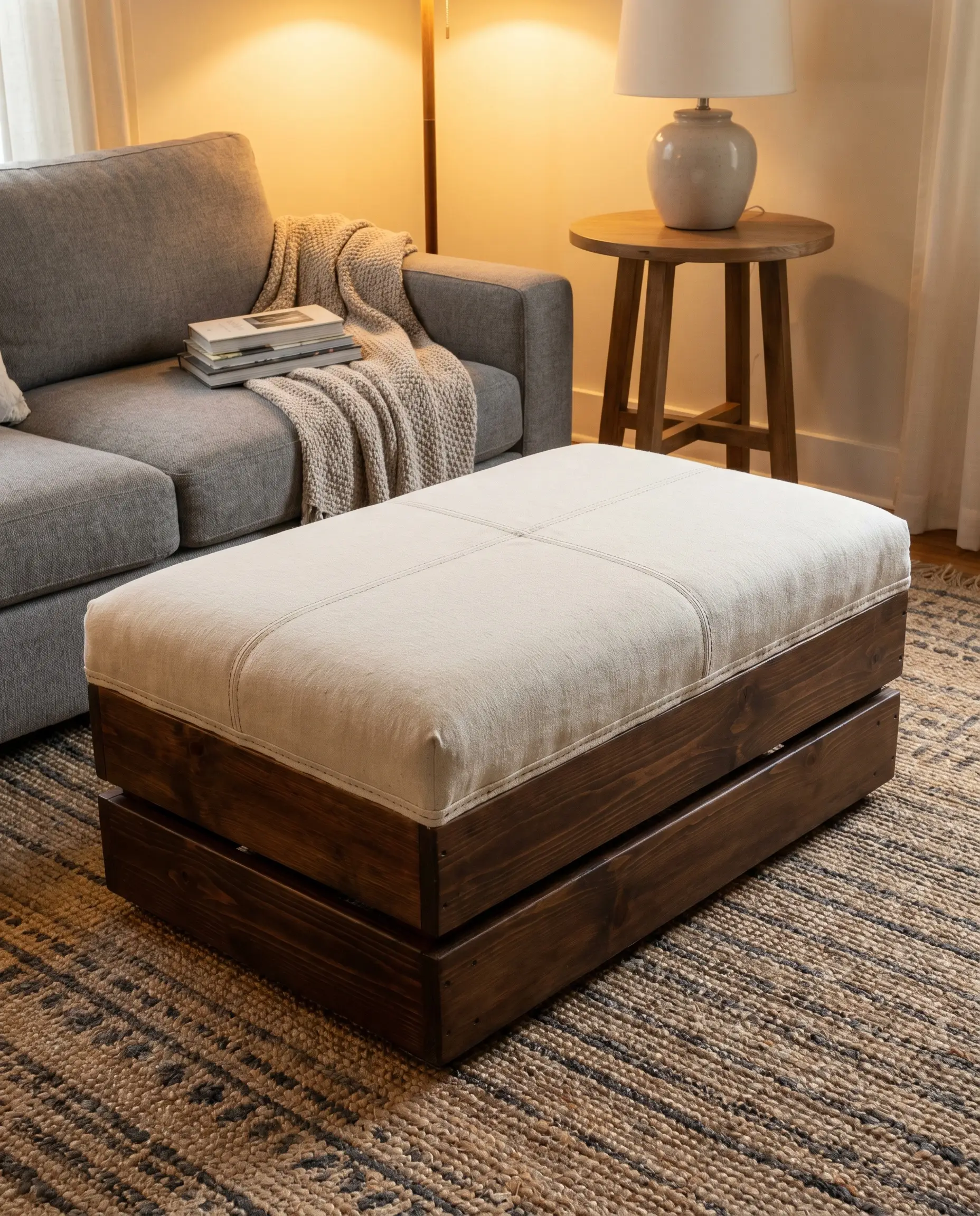 A meticulously sanded wooden ottoman wrapped in firm upholstery foam and heavyweight Belgian linen anchors a cozy living room seating arrangement.