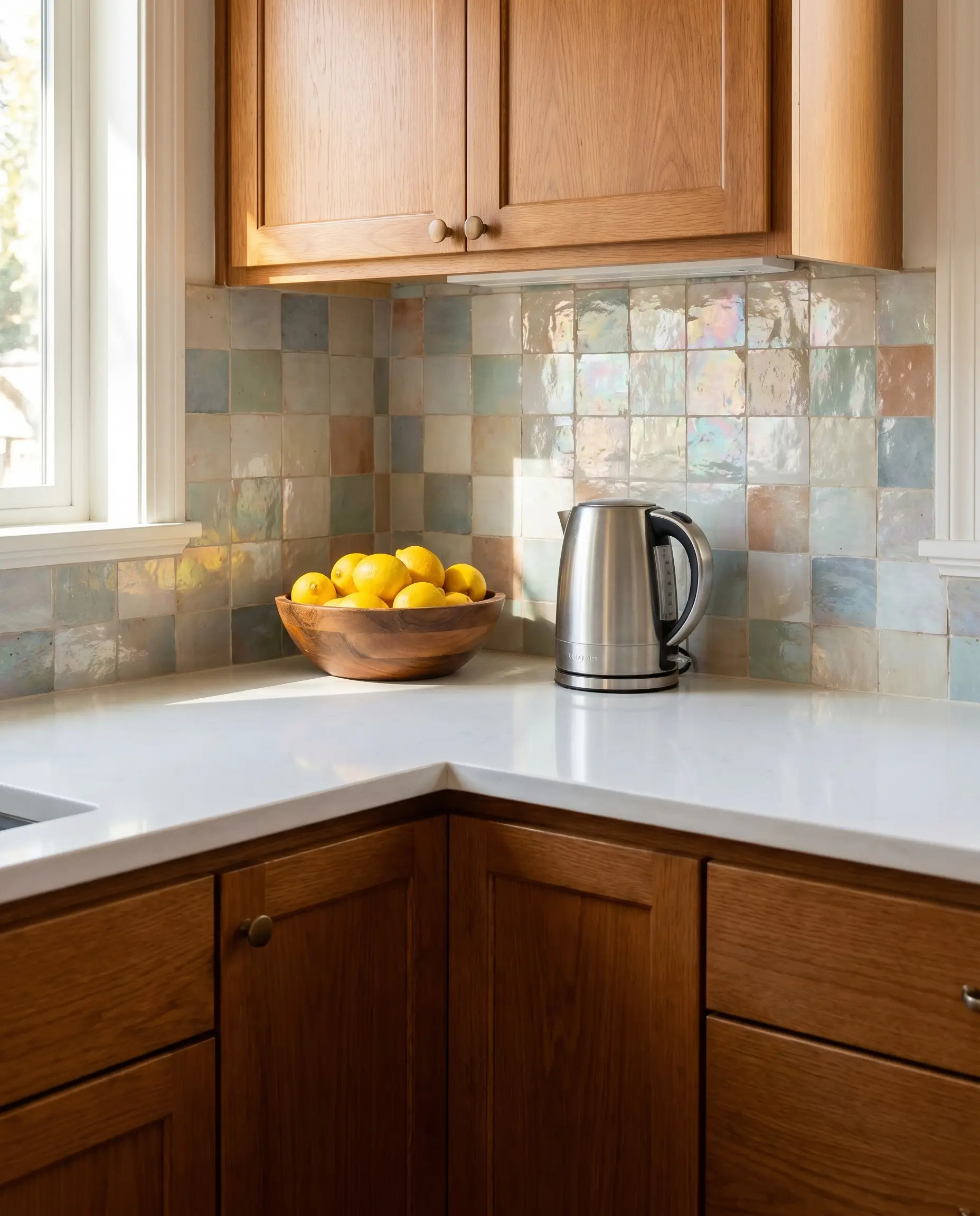 Handmade artisan Zellige tiles with a V4 color variation and soft pearlescent glaze sit above a completely uniform solid white quartz countertop and warm wood cabinetry.