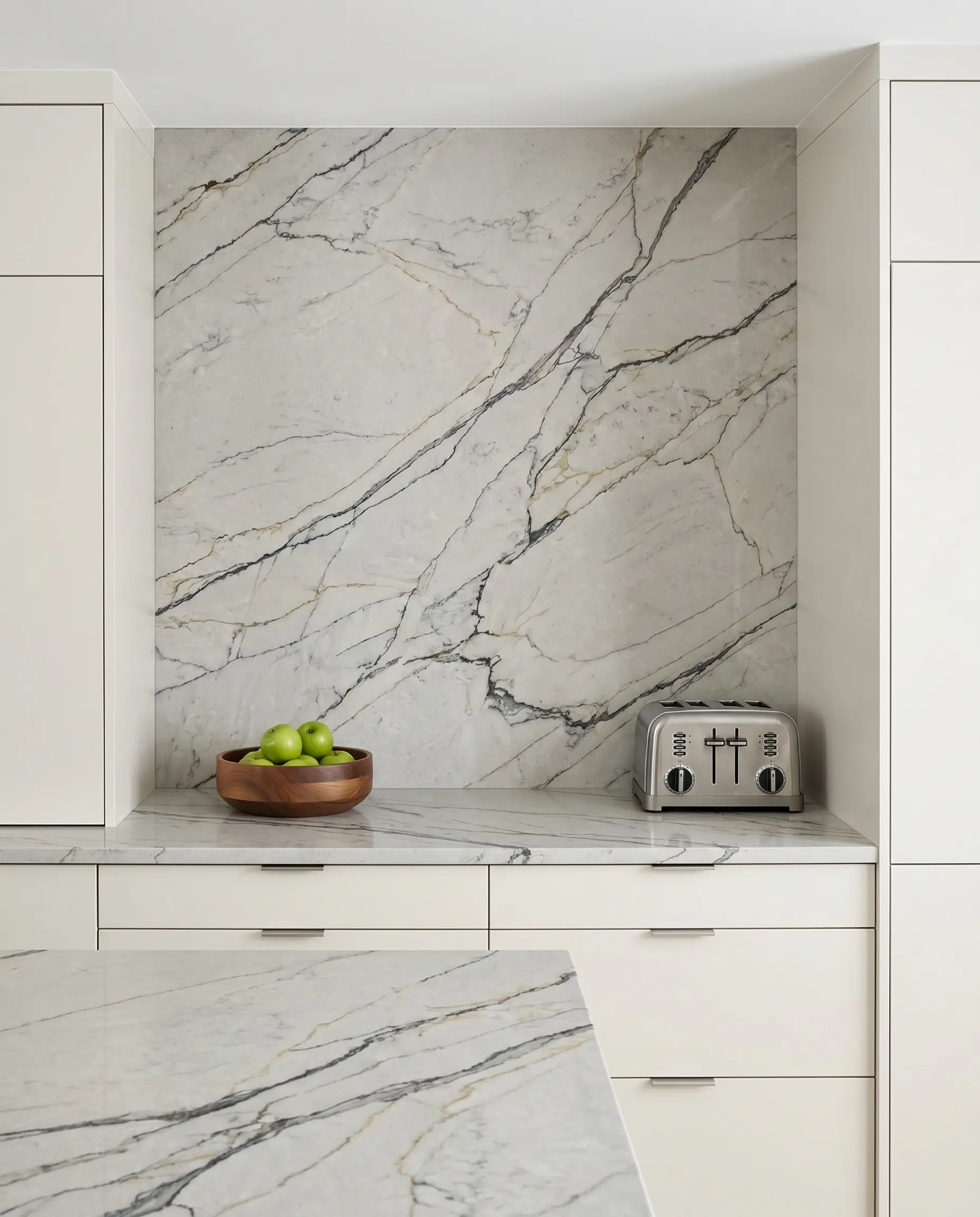 A vein-matched engineered quartz slab runs continuously up the wall from the matching countertop, surrounded by sleek modern cabinetry painted in Sherwin-Williams Alabaster.