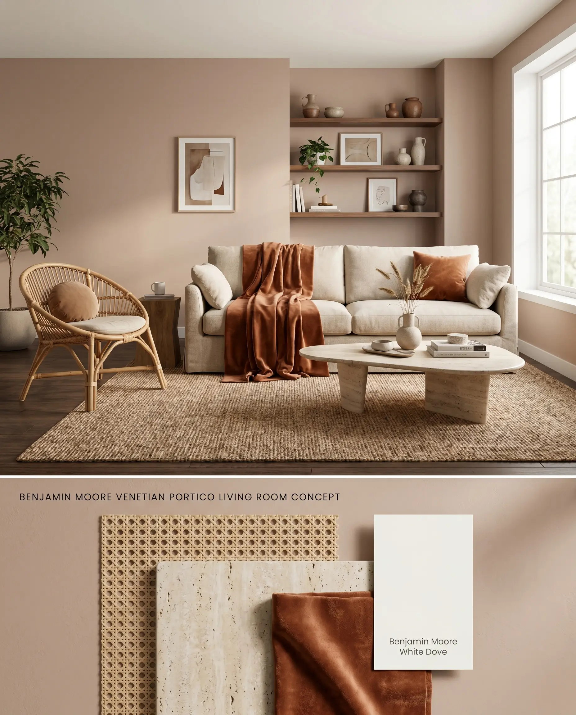 A split digital conceptual board for a cozy living room featuring Benjamin Moore Venetian Portico walls, rattan seating, and a bottom tactile flat-lay with cane webbing and travertine.