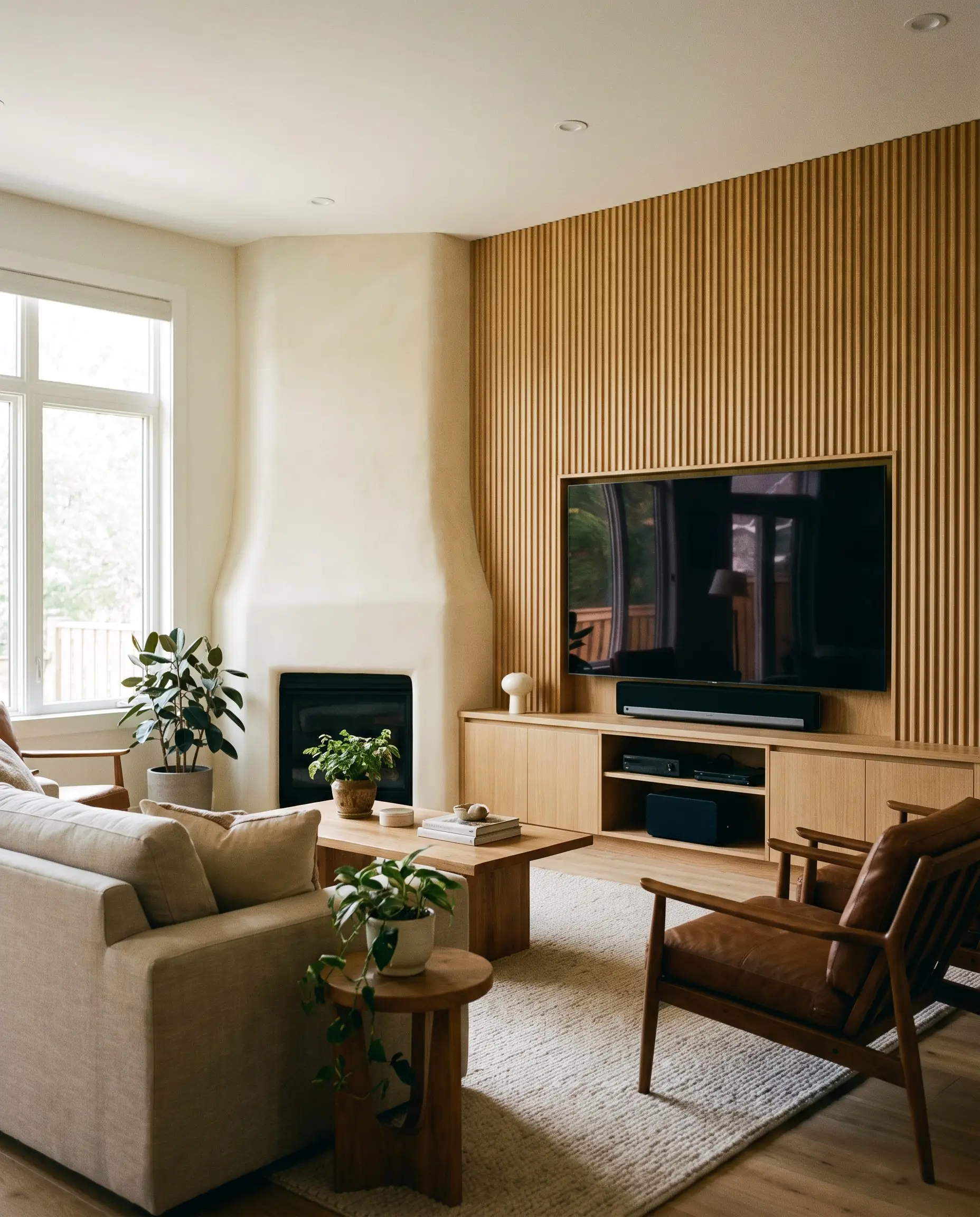 Vertical fluted white oak tambour paneling backs the media side of a built-in unit, contrasting directly with a smooth plaster fireplace surround in an organic modern space.