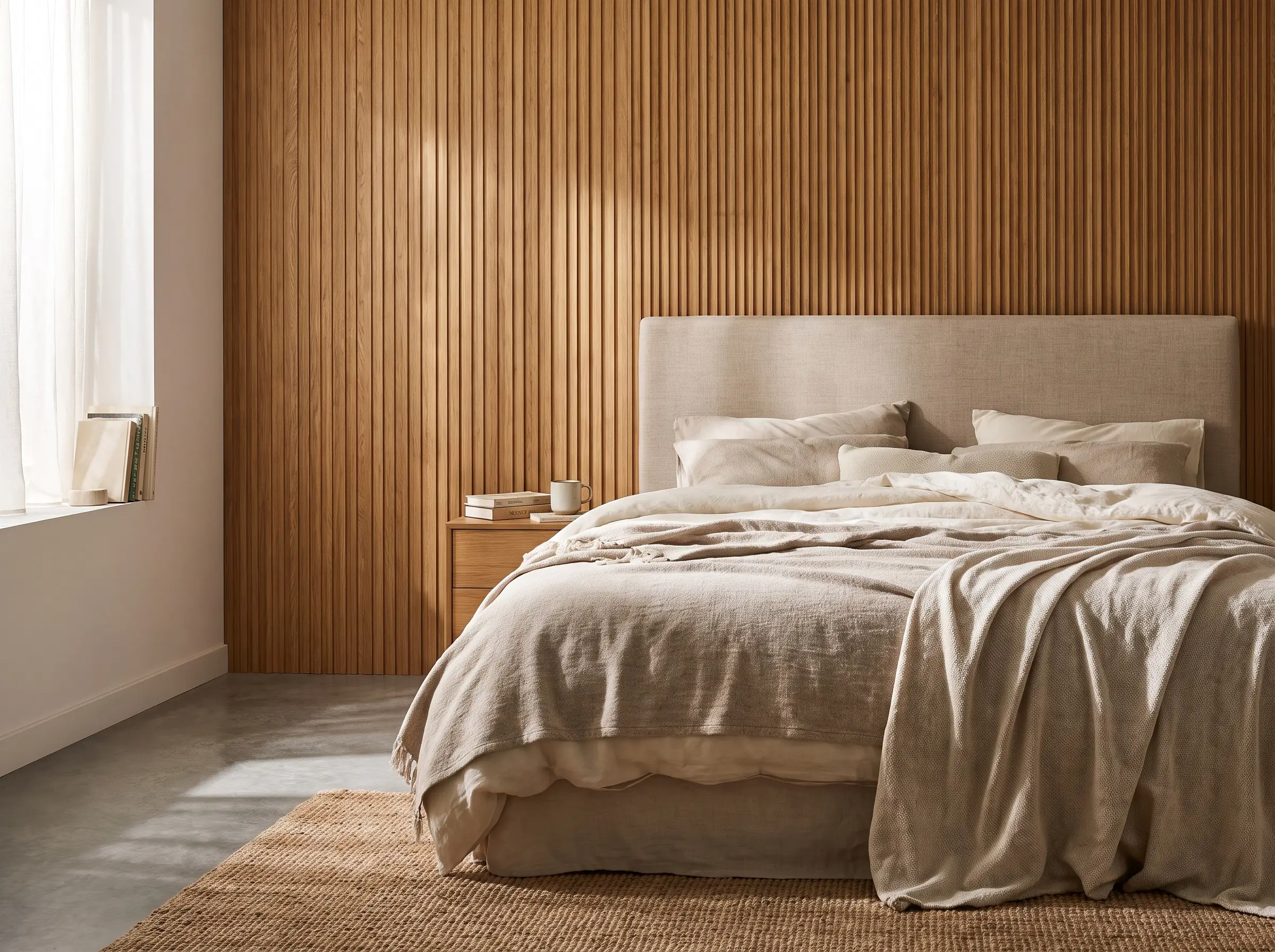Vertical fluted wood paneling creates an architectural accent wall behind a plush headboard and neutral linens in a high-end bedroom.