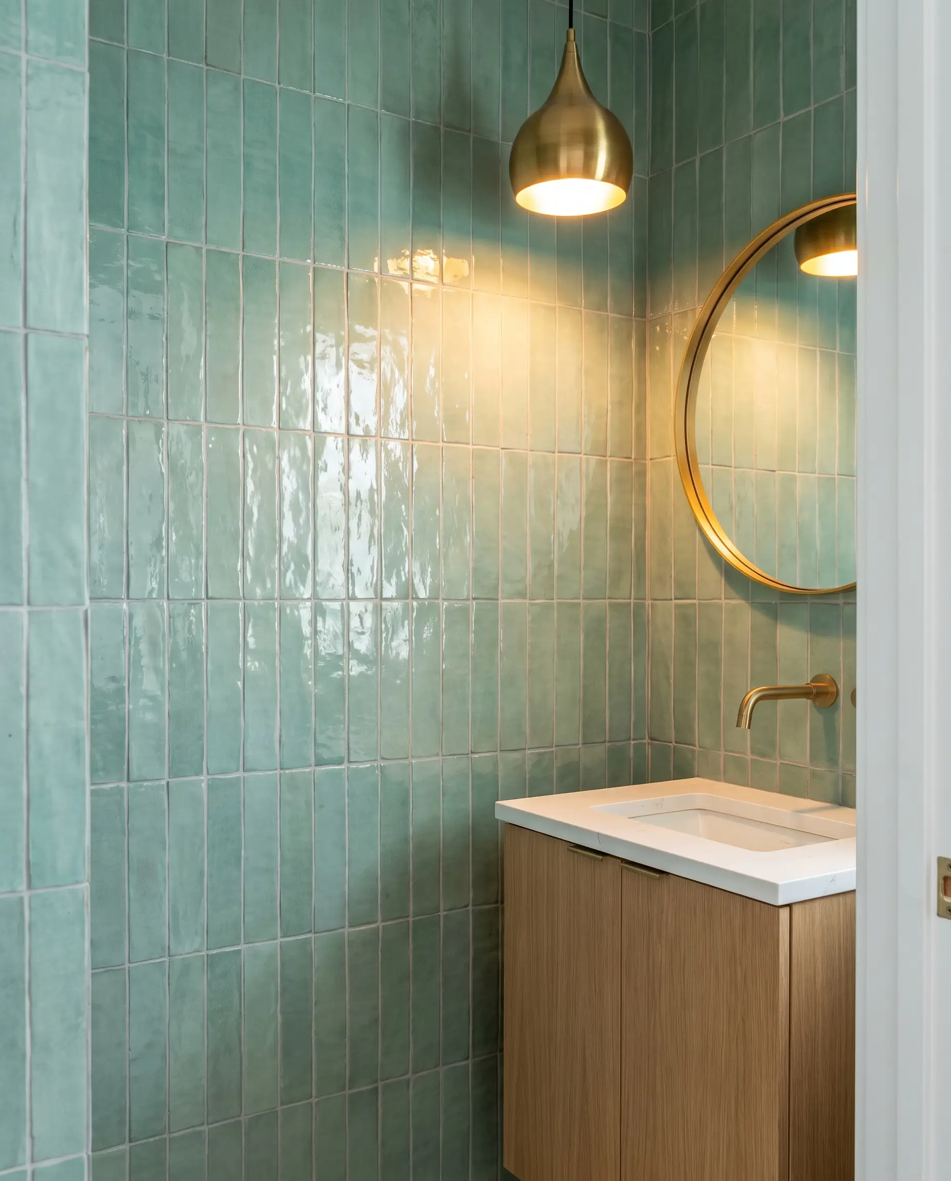 Glossy seafoam green Zellige tiles in a vertical stacking layout frame a round brass mirror and narrow white oak vanity in this tiny bathroom layout.