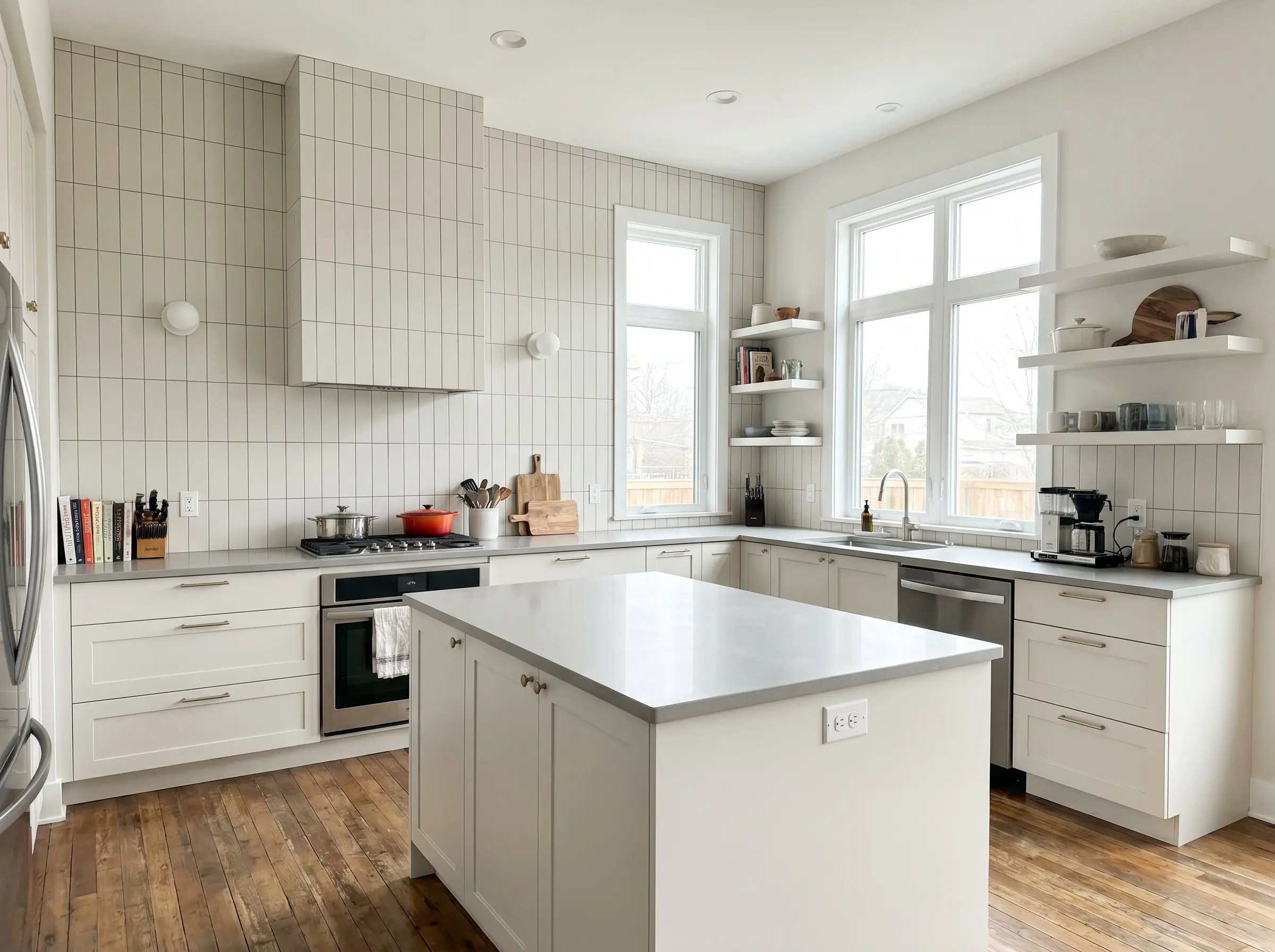 A vertical straight stack kitchen backsplash tile layout features 2x8-inch matte ceramic pieces meeting a light gray quartz countertop and Sherwin-Williams Pure White cabinetry.
