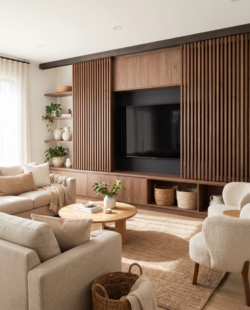 Custom-milled vertical walnut slats mounted on a concealed top-mount sliding track system create a semi-transparent architectural screen that partially masks a television.