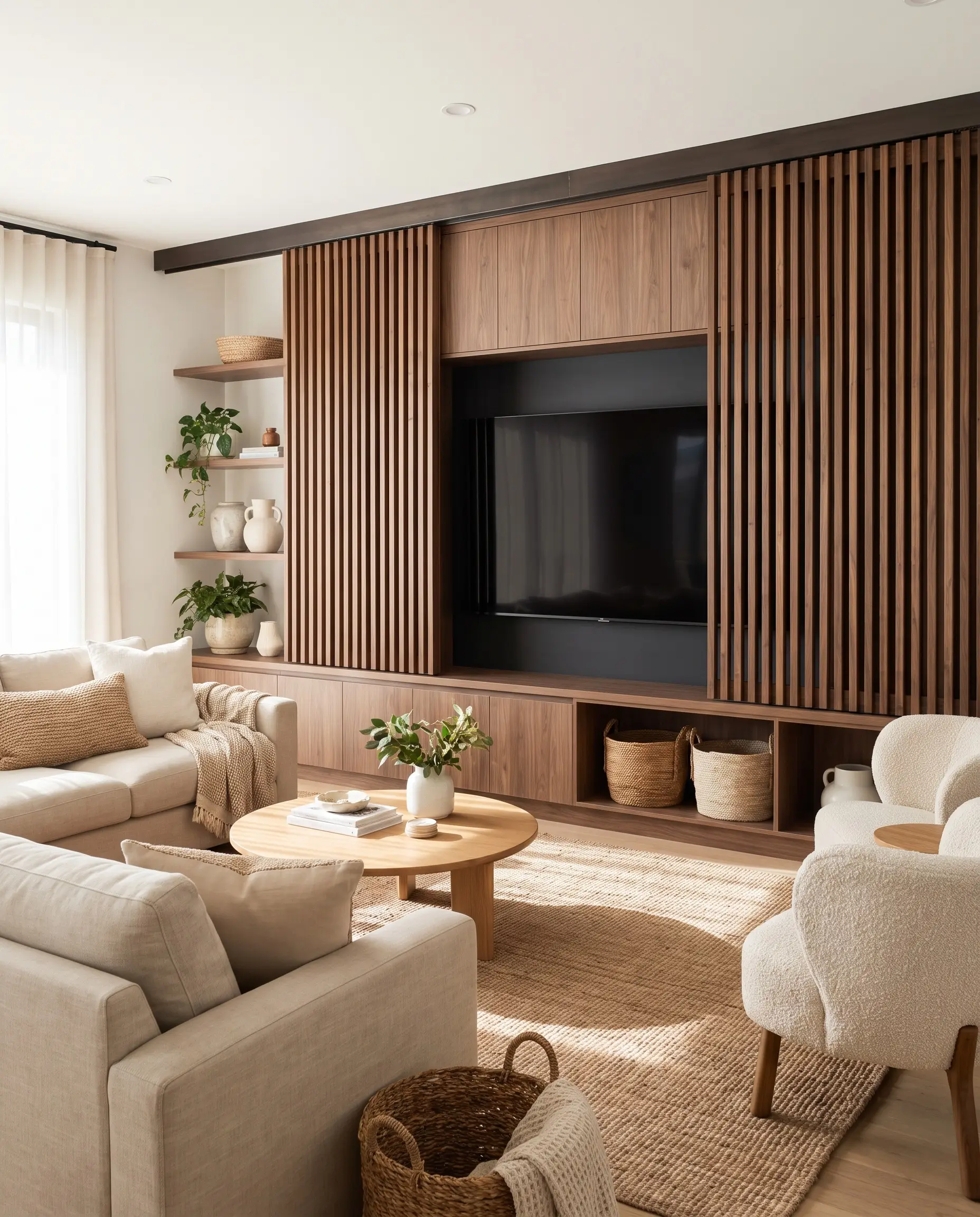 Custom-milled vertical walnut slats mounted on a concealed top-mount sliding track system create a semi-transparent architectural screen that partially masks a television.