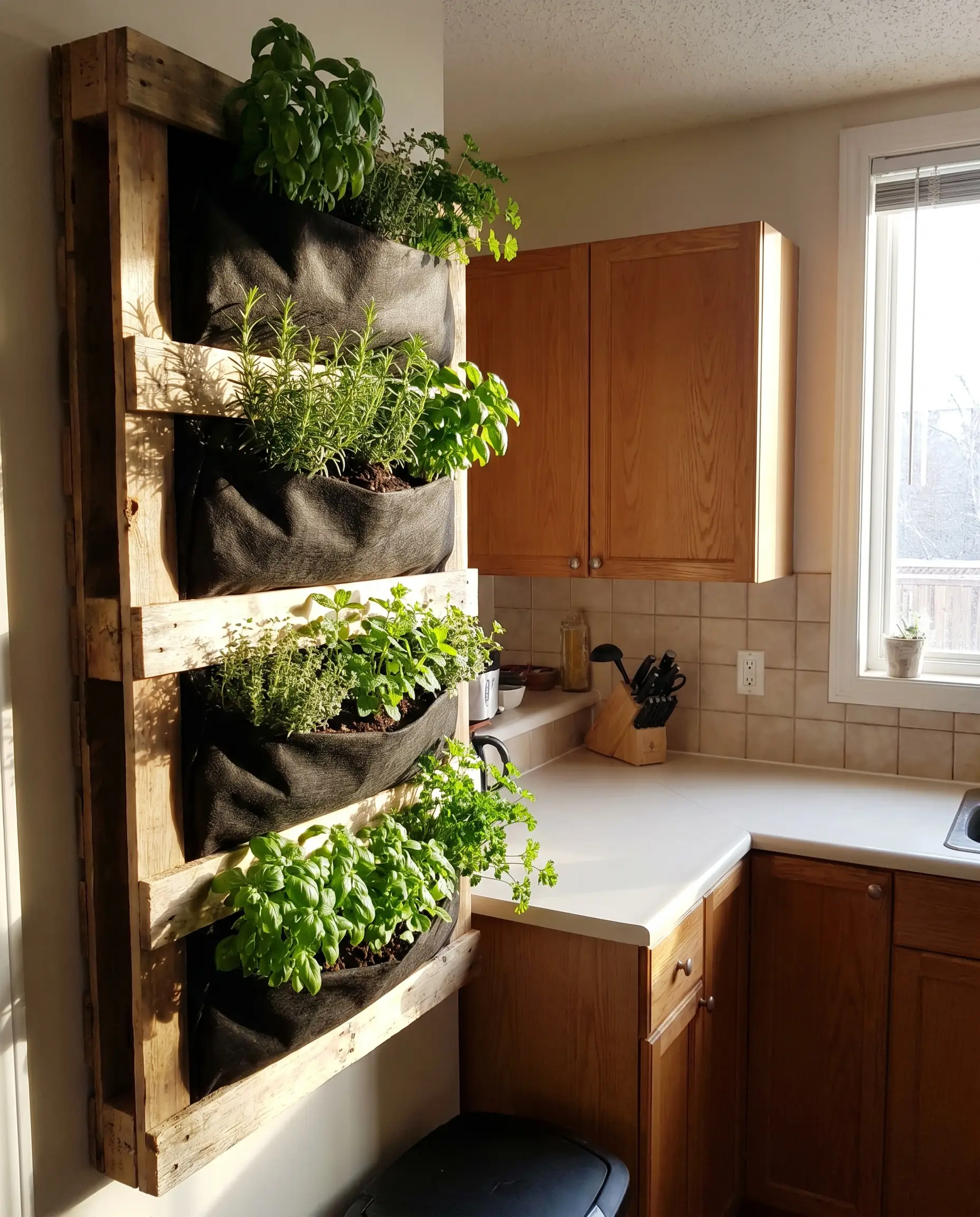 A vertically mounted wooden structure on a kitchen wall features slat gaps transformed into deep troughs overflowing with lush organic culinary herbs.