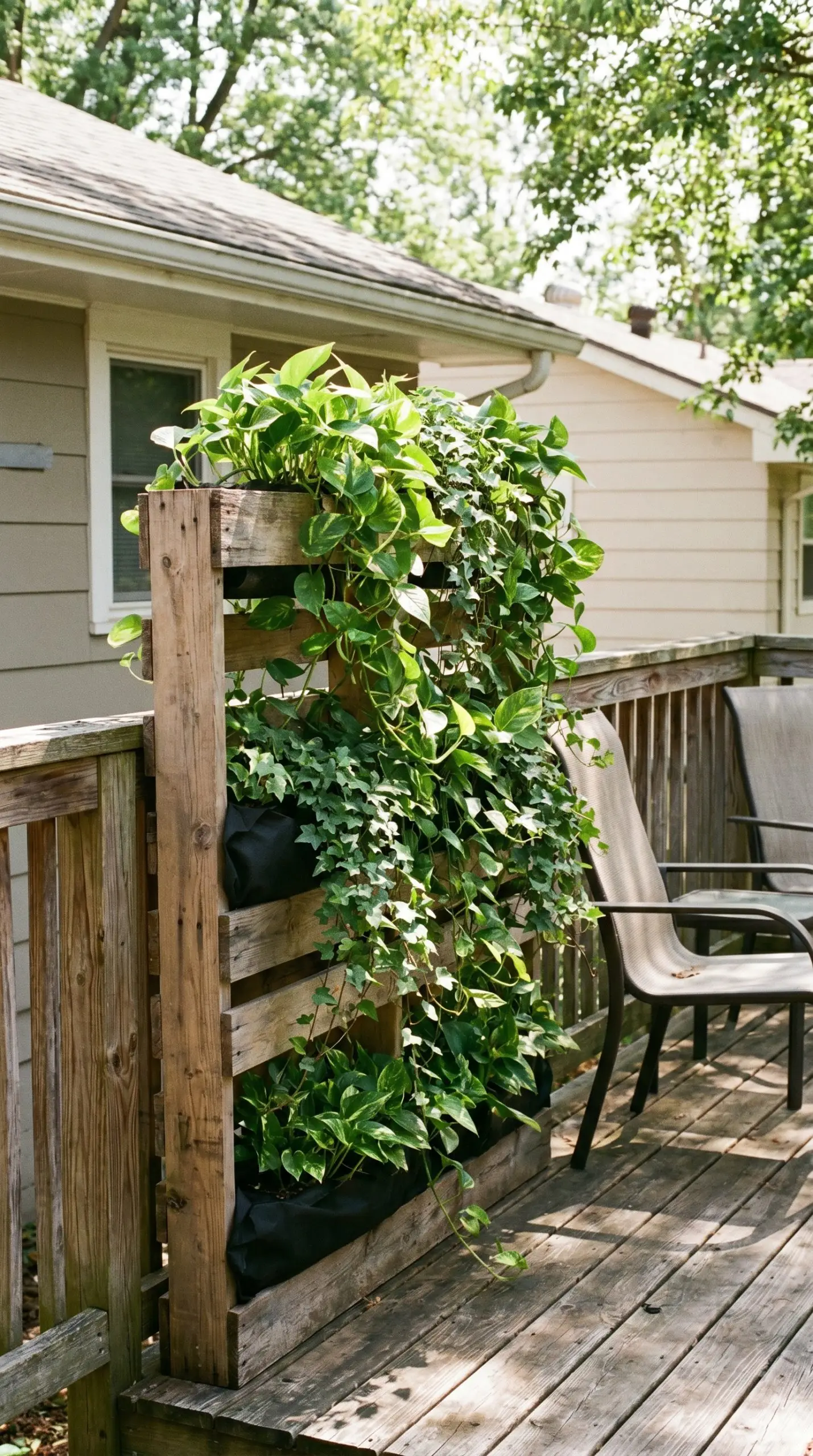 A vertically standing pallet acts as a tiered plant stand with landscape fabric-lined troughs holding cascading Golden Pothos and English Ivy.
