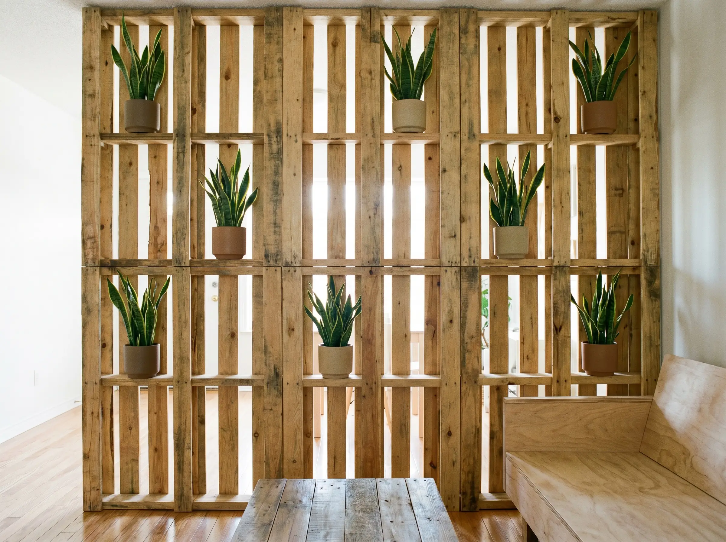 A semi-permeable architectural room divider made from vertically anchored wooden pallets features custom display niches holding matte ceramic pots with Snake Plants.