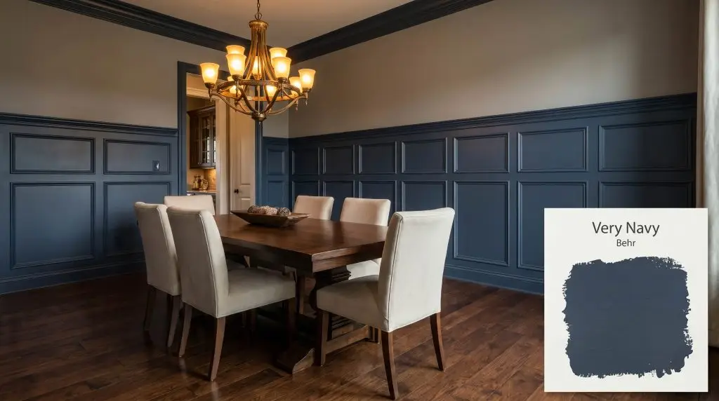 Upholstered cream chairs surround a dark walnut table in a sophisticated dining space with wainscoting painted in Behr Very Navy (Hex #3a4859).