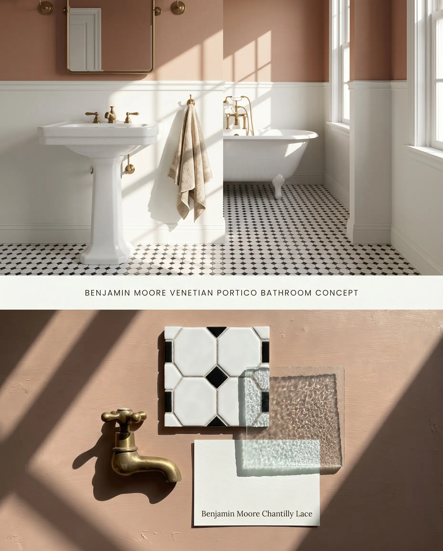 A split digital conceptual board for a vintage bathroom pairing a sunbaked clay upper wall with crisp wainscoting, above a textured physical flat-lay featuring unlacquered brass and hex tiles.