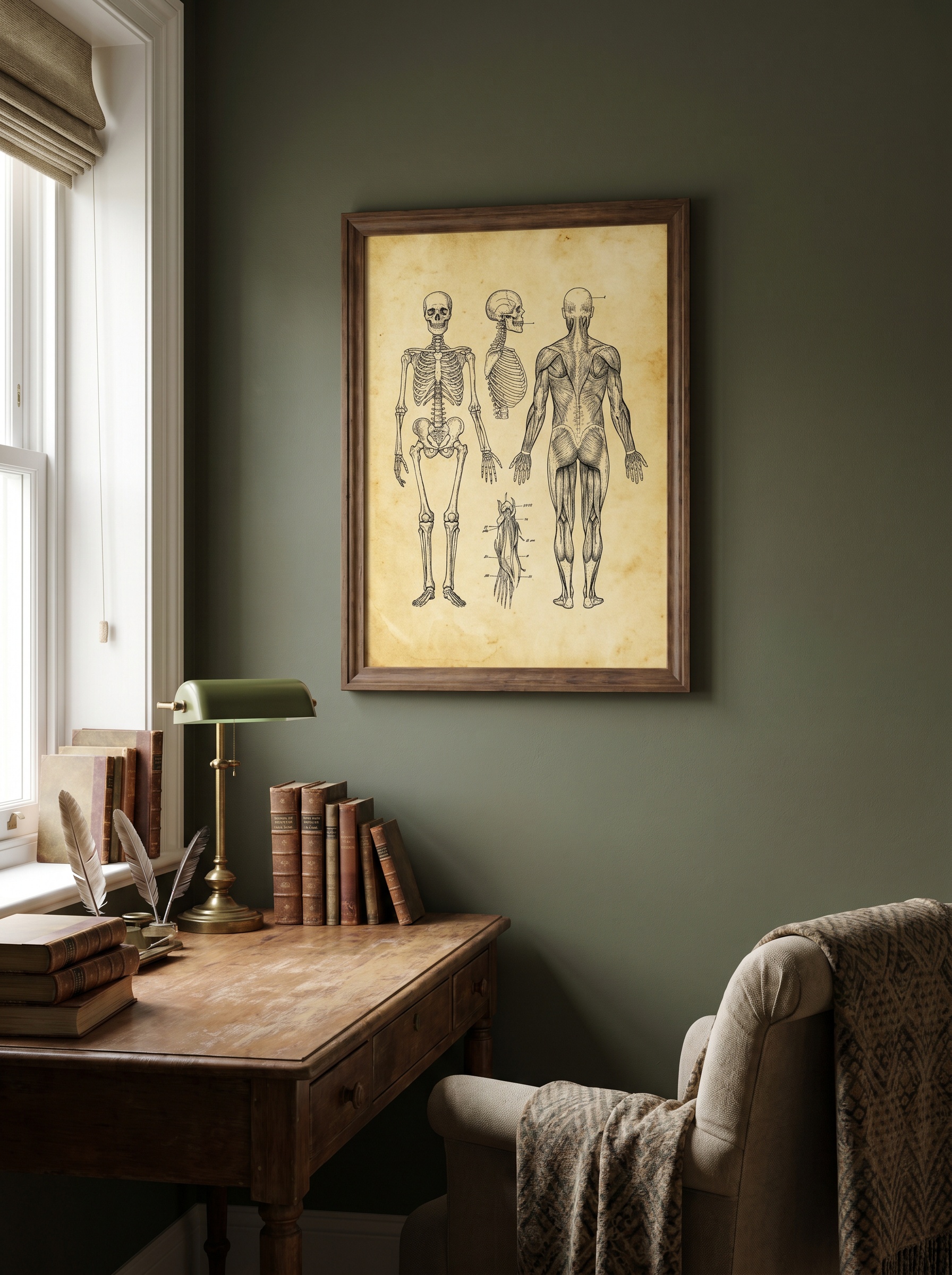 A vintage anatomical lithograph in a standard wood frame anchors a Dark Olive painted study nook featuring a wooden desk and brass lamp.