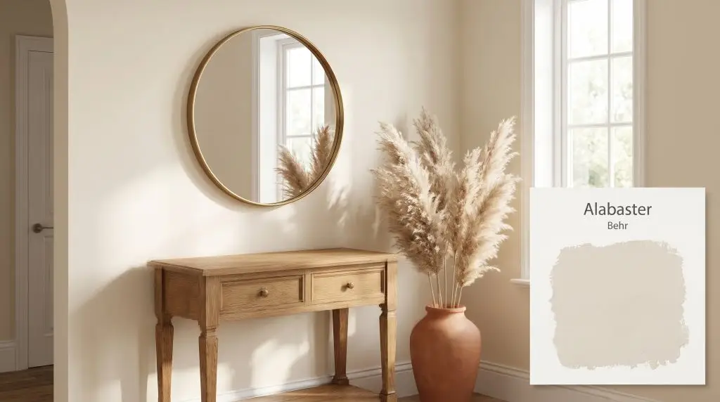 A vintage oak console table holding a terracotta vase with dried pampas grass stands against an entryway wall painted in Behr Alabaster (Hex #e8e2d3).