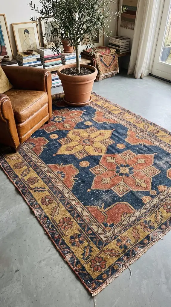 A vintage Oushak Turkish rug in faded navy, rust, and mustard yellow layers under a warm brown leather chair and potted olive tree.