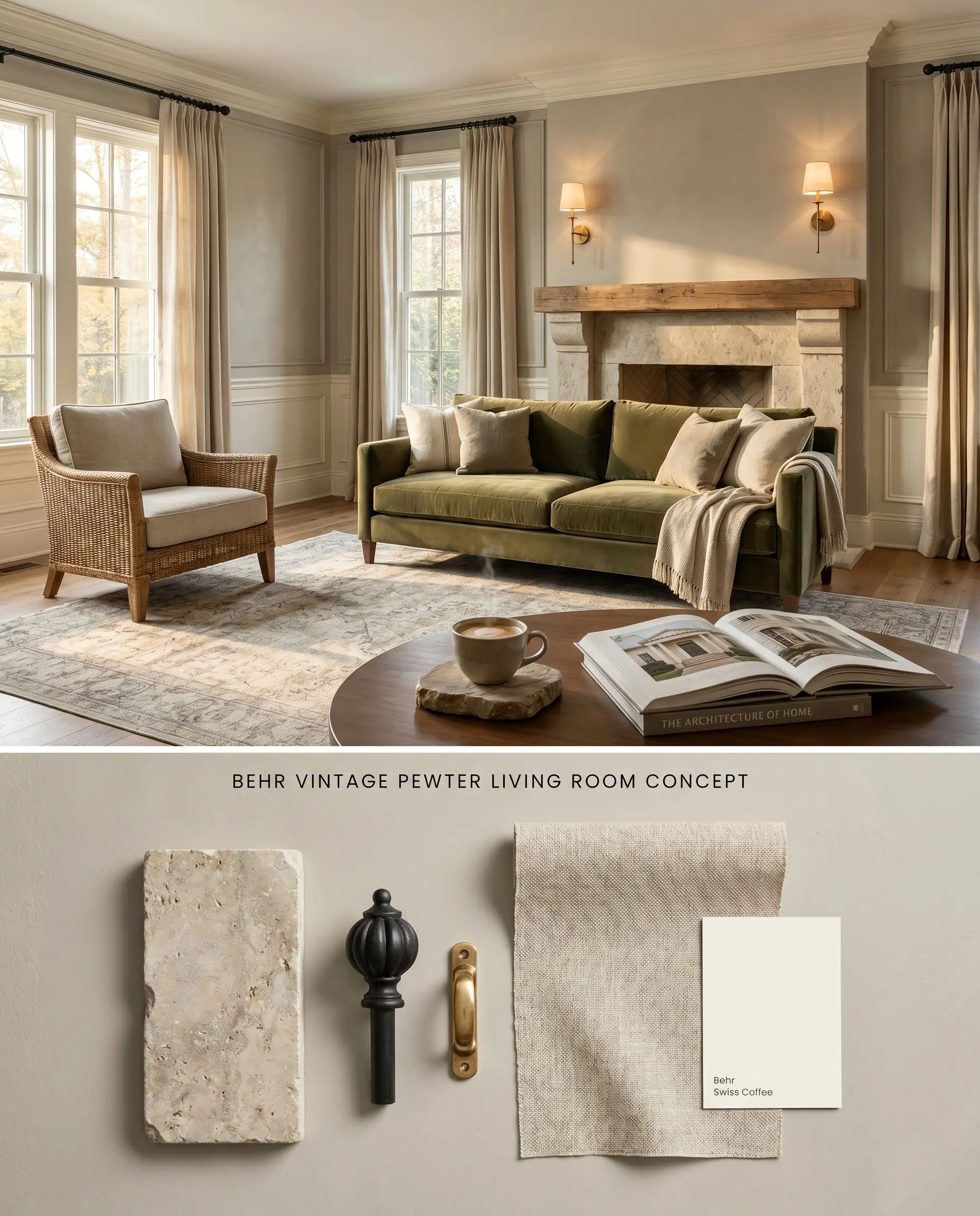 A split digital conceptual board showcasing a formal living room painted in a warm neutral base on top, and coordinating physical materials including tumbled limestone and brass on the textured bottom section.