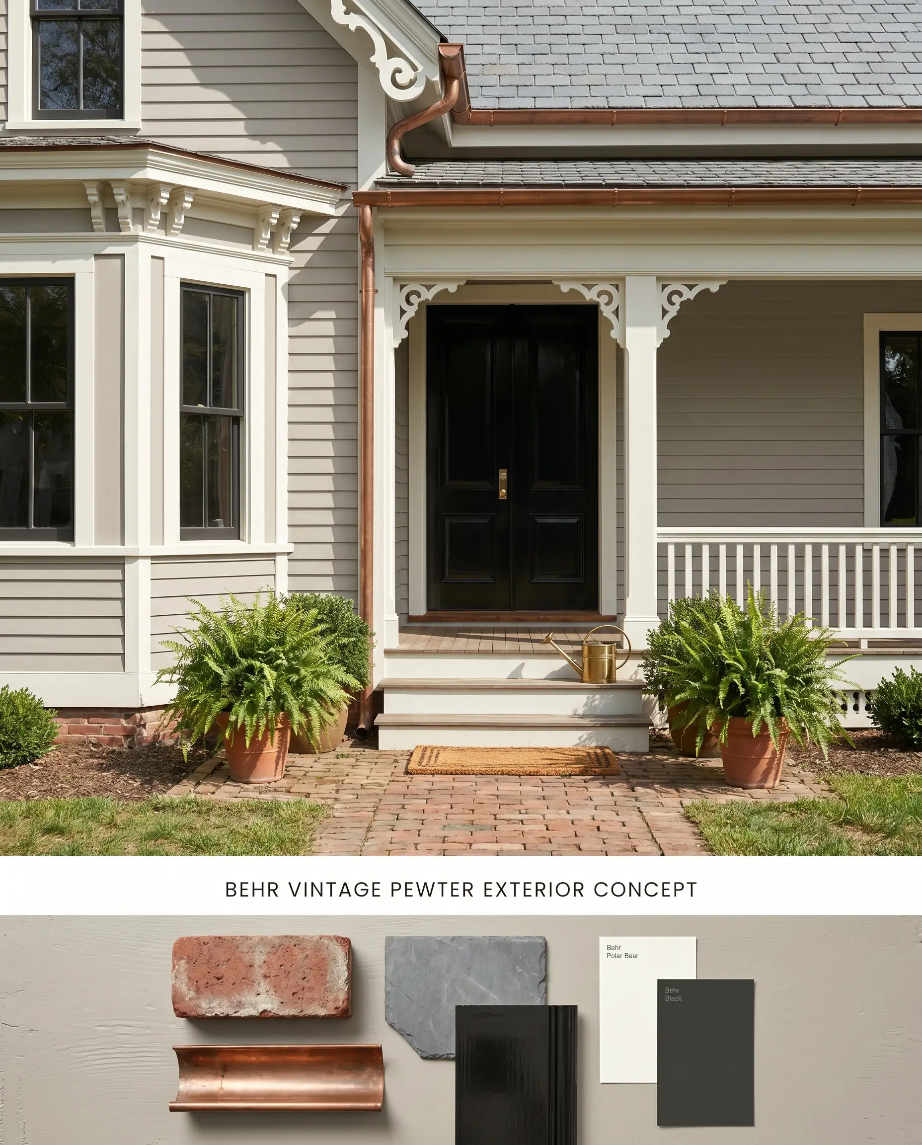 A split digital conceptual board illustrating a Victorian exterior painted in an earthy greige tone on top, and physical materials like weathered brick and copper gutter fragments on the bottom.