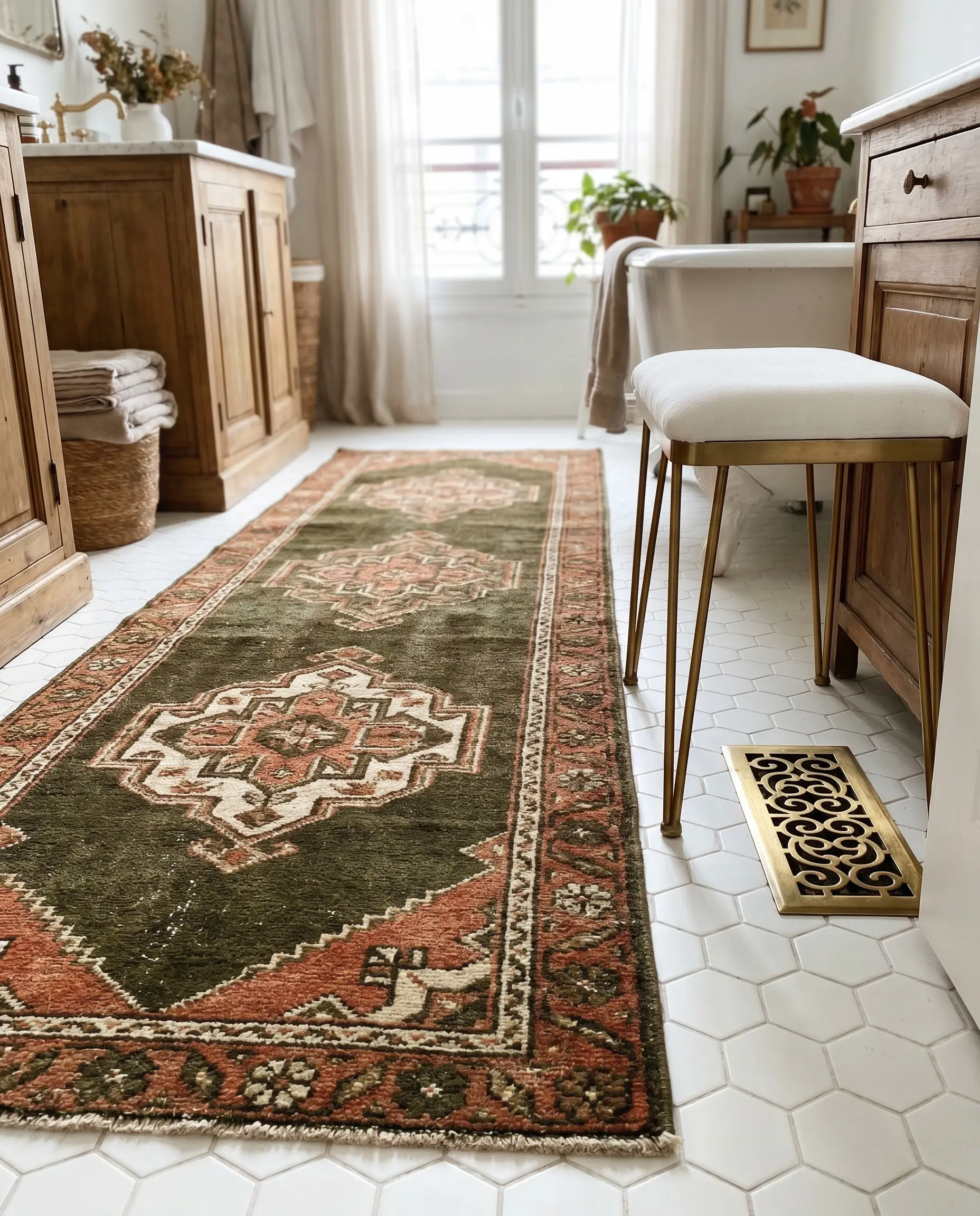 A hand-knotted wool vintage runner with olive green and terracotta threads lies carefully over a bright white hexagon tile floor beside a brass register.