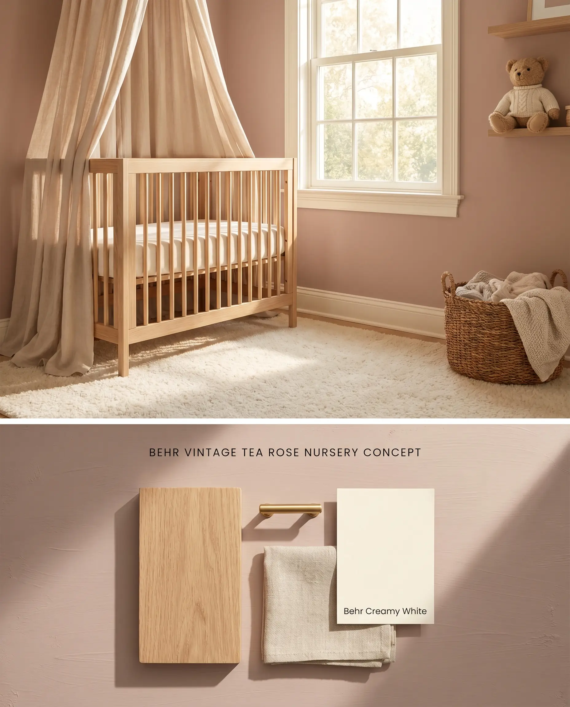 A split digital conceptual board for a nursery decor scheme, showing a dusty rose room with a white oak crib above a textured flat-lay of brass and linen materials.