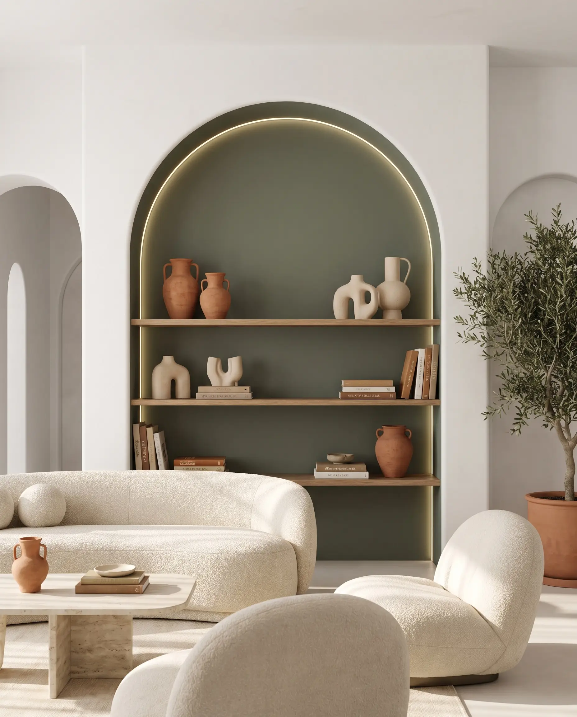A recessed drywall arch painted vintage vogue creates a green accent wall framing open shelving styled with terracotta vessels and unglazed ceramics.