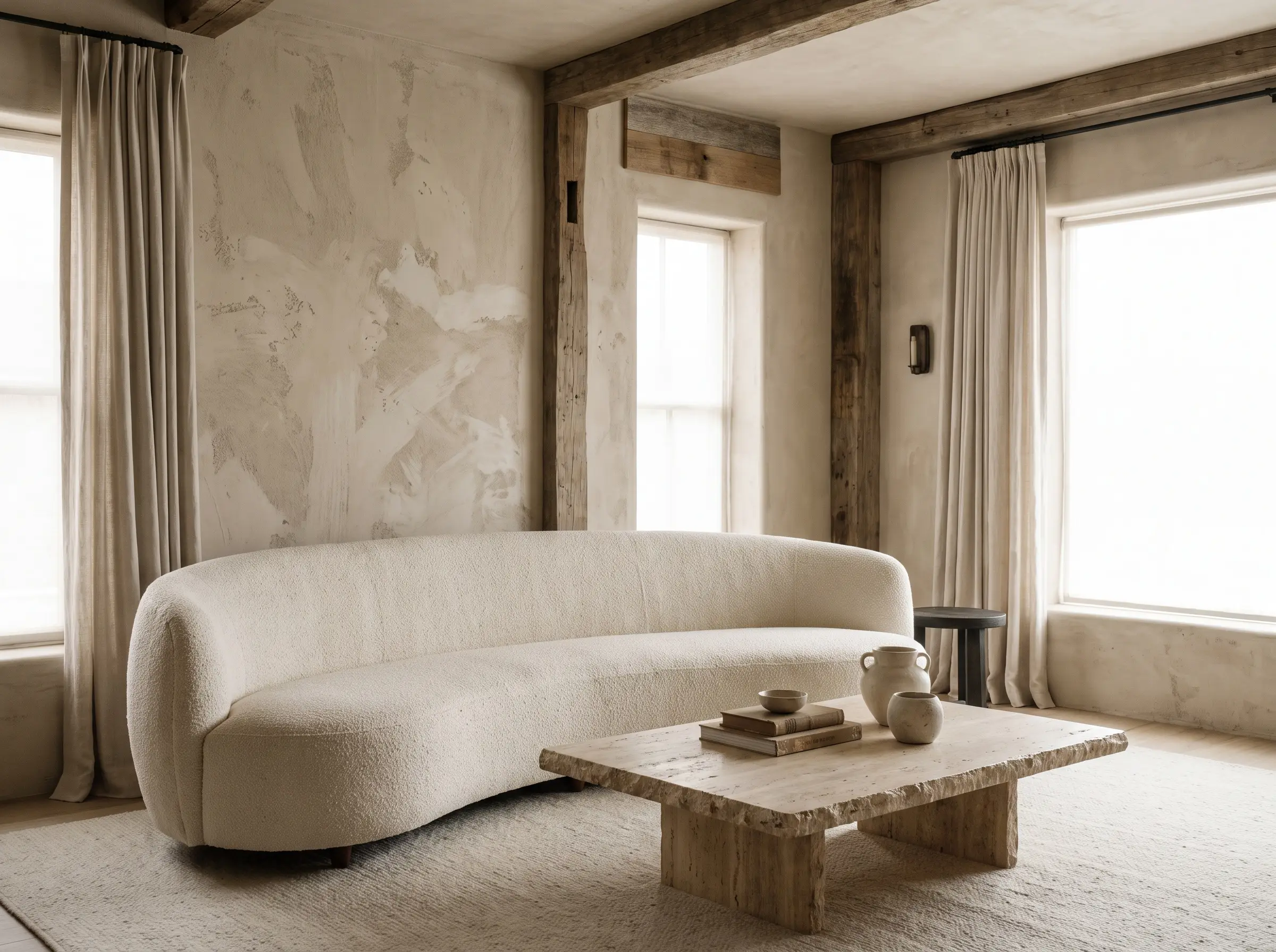 A textured ivory curved sofa and an unhoned open-pore travertine coffee table sit against earthy Oatmeal painted walls and reclaimed timber architectural accents.